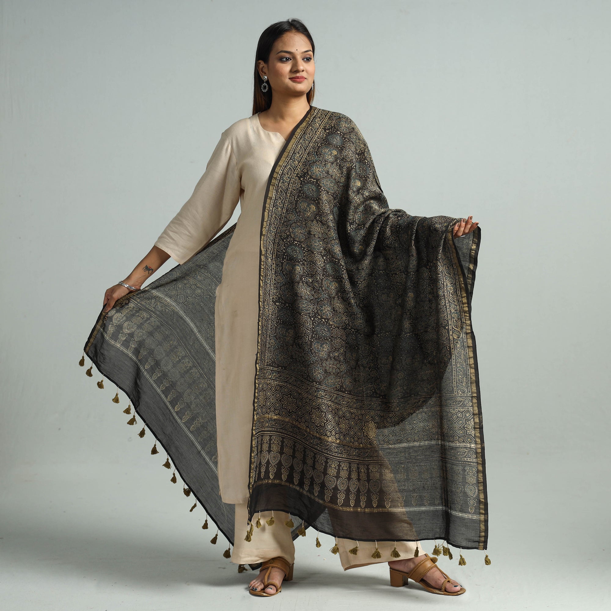 KACHCHH JI CHHAAP Brown - Hand Block Print Chanderi Silk Ajrakh Dupatta 66