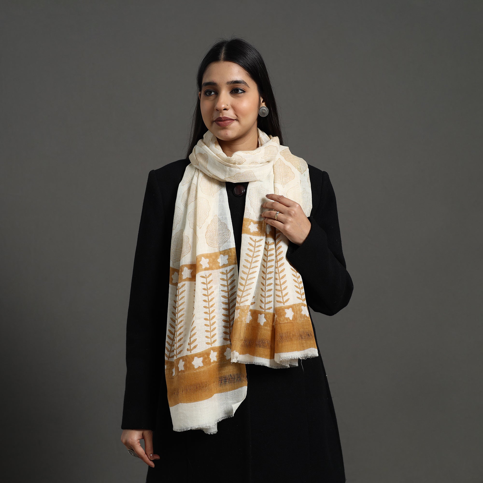 KUSUMLATA Brown - Pure Wool Block Print Sanganeri Stole 57