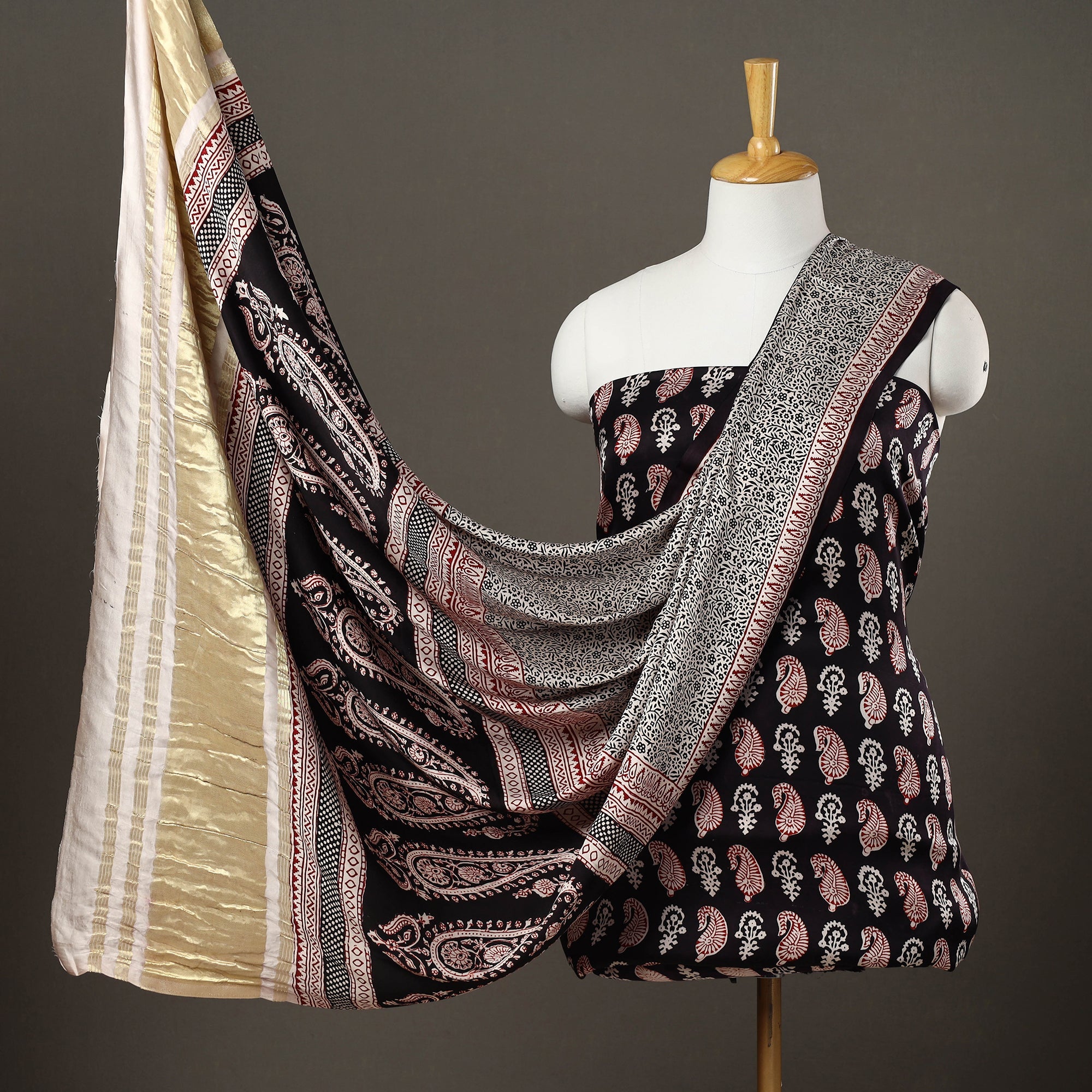 BAGH PRINTS BY ABDUL KADAR KHATRI Black - 3pc Modal Silk Bagh Print Suit Material 03