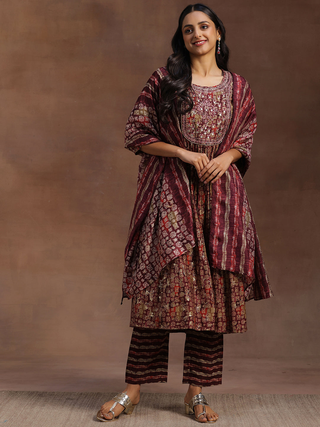 Libas Burgundy Printed Silk Blend A-Line Kurta With Trousers & Dupatta