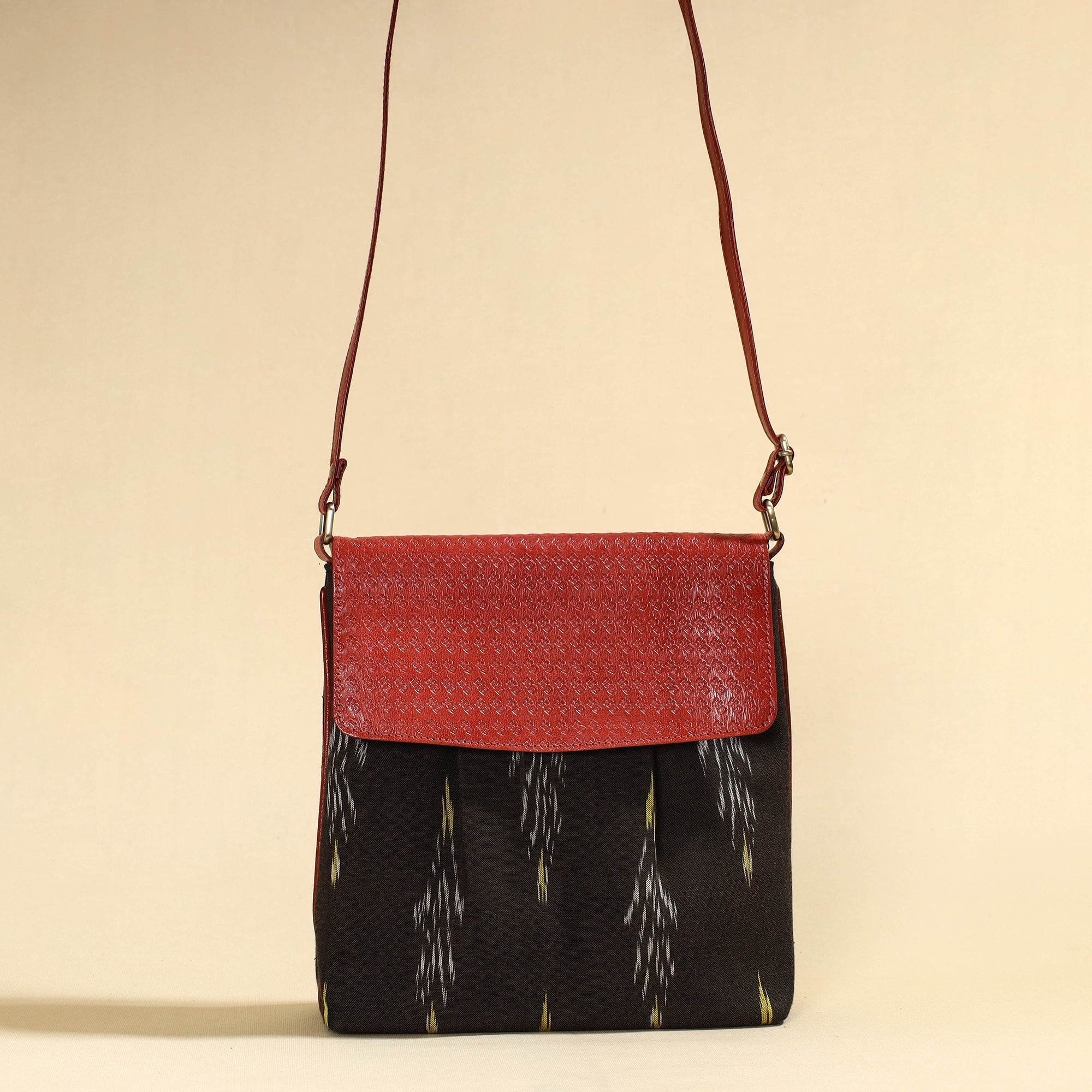 ASALKAAR Black - Handcrafted Ikat Fabric Sling Bag with Embossed Leather Flap