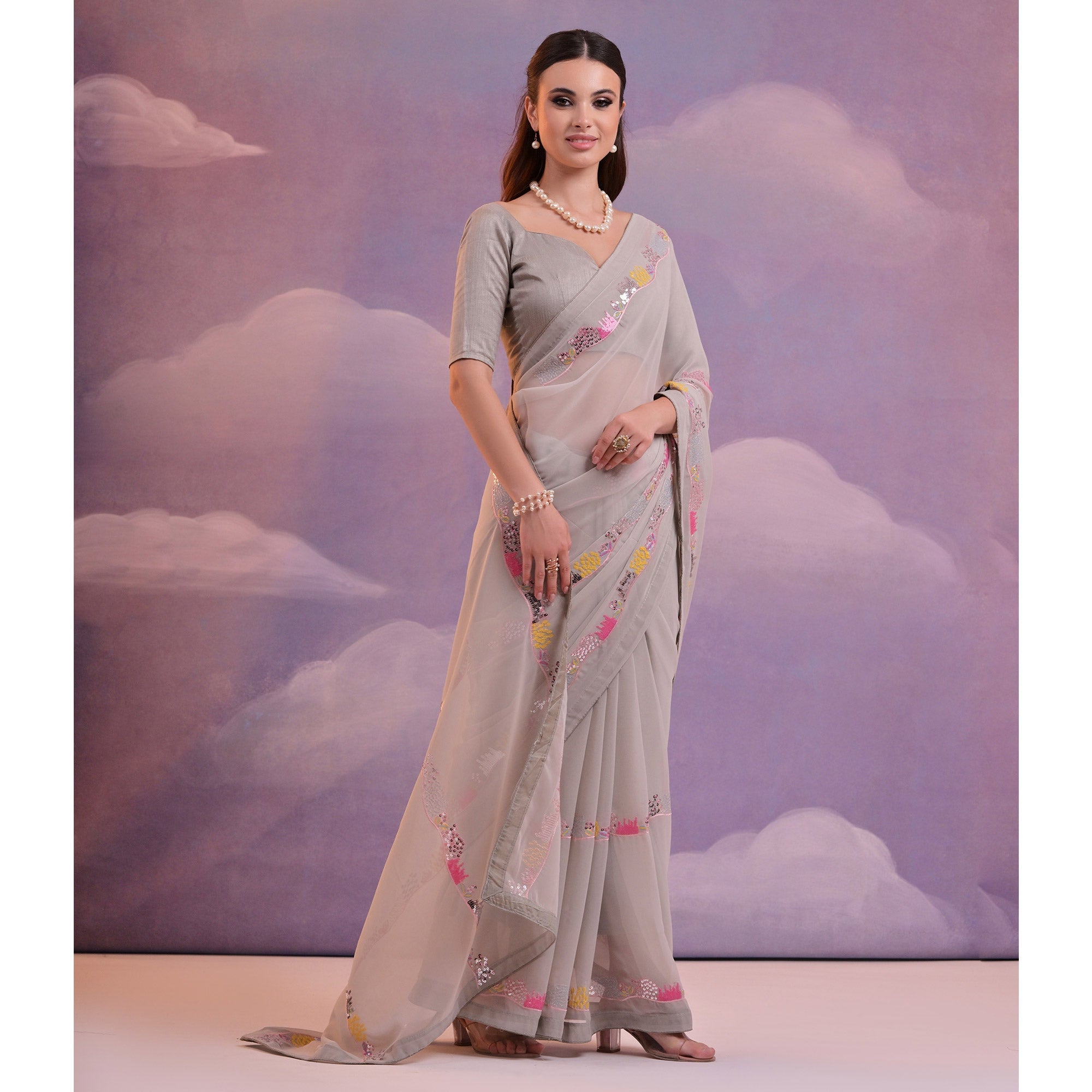 Peachmode Grey Sequins Embroidered Georgette Saree With Lace Border - view 4