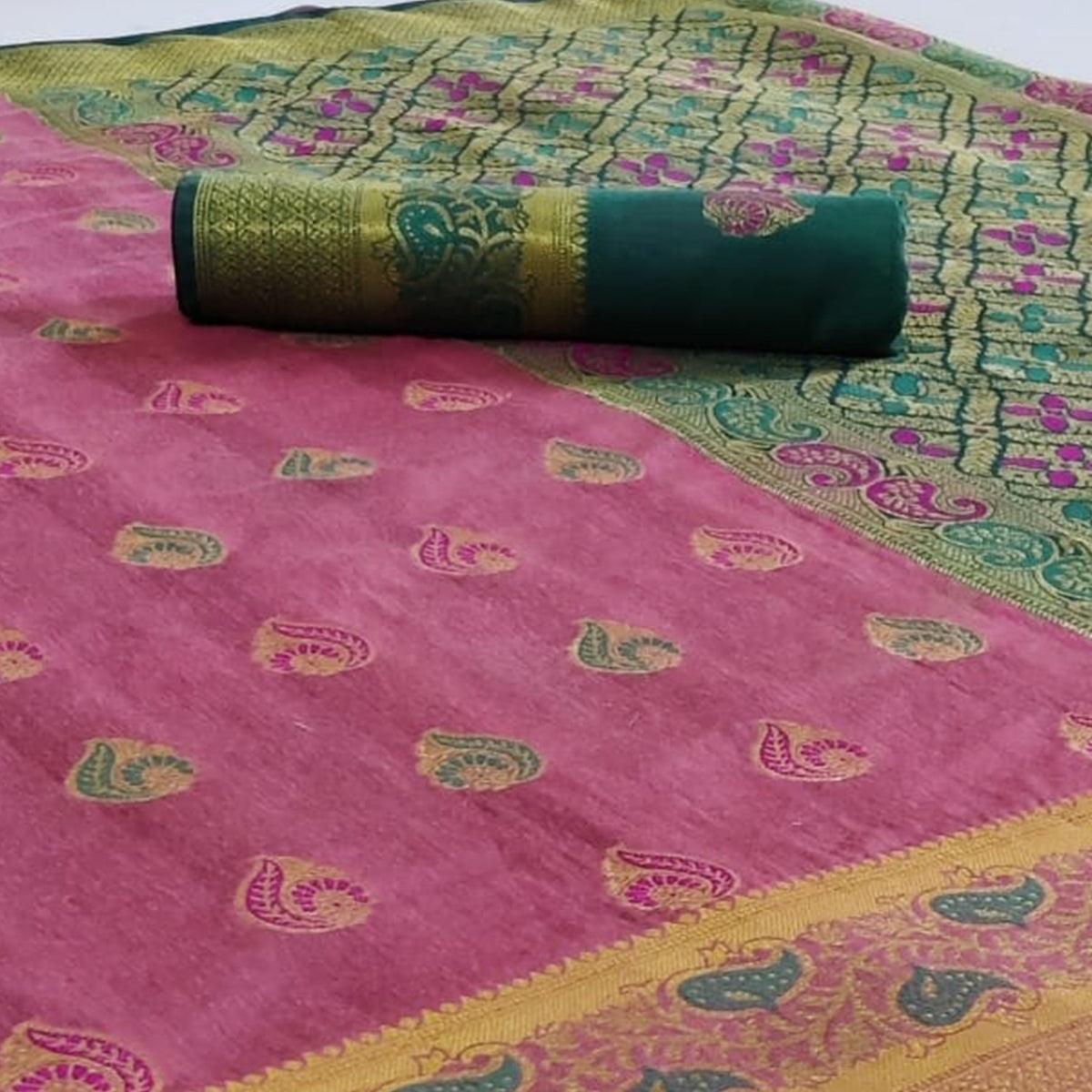 Peachmode Energetic Pink Colored Festive Wear Woven Cotton Saree - view 2