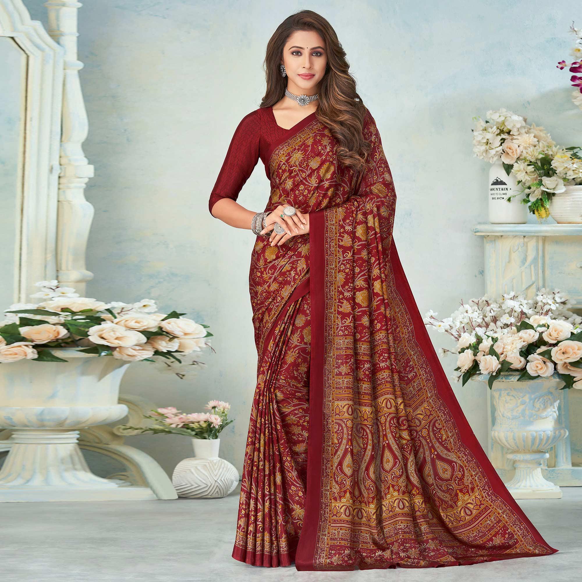 Peachmode Maroon Printed Raw Silk Saree – Women's