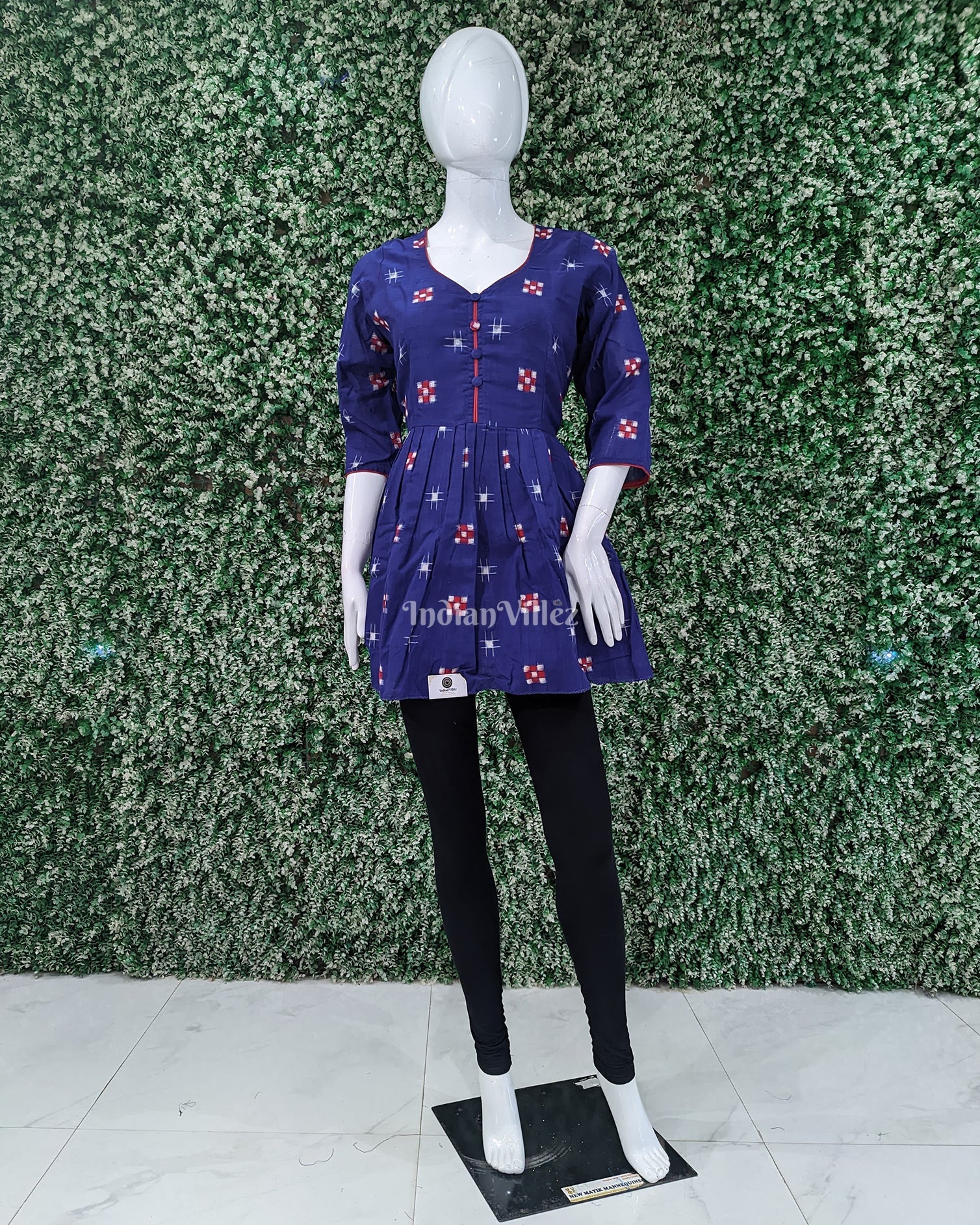 IndianVillèz Blue Sambalpuri Pasapali Odisha Ikat Cotton Frill Top for Women