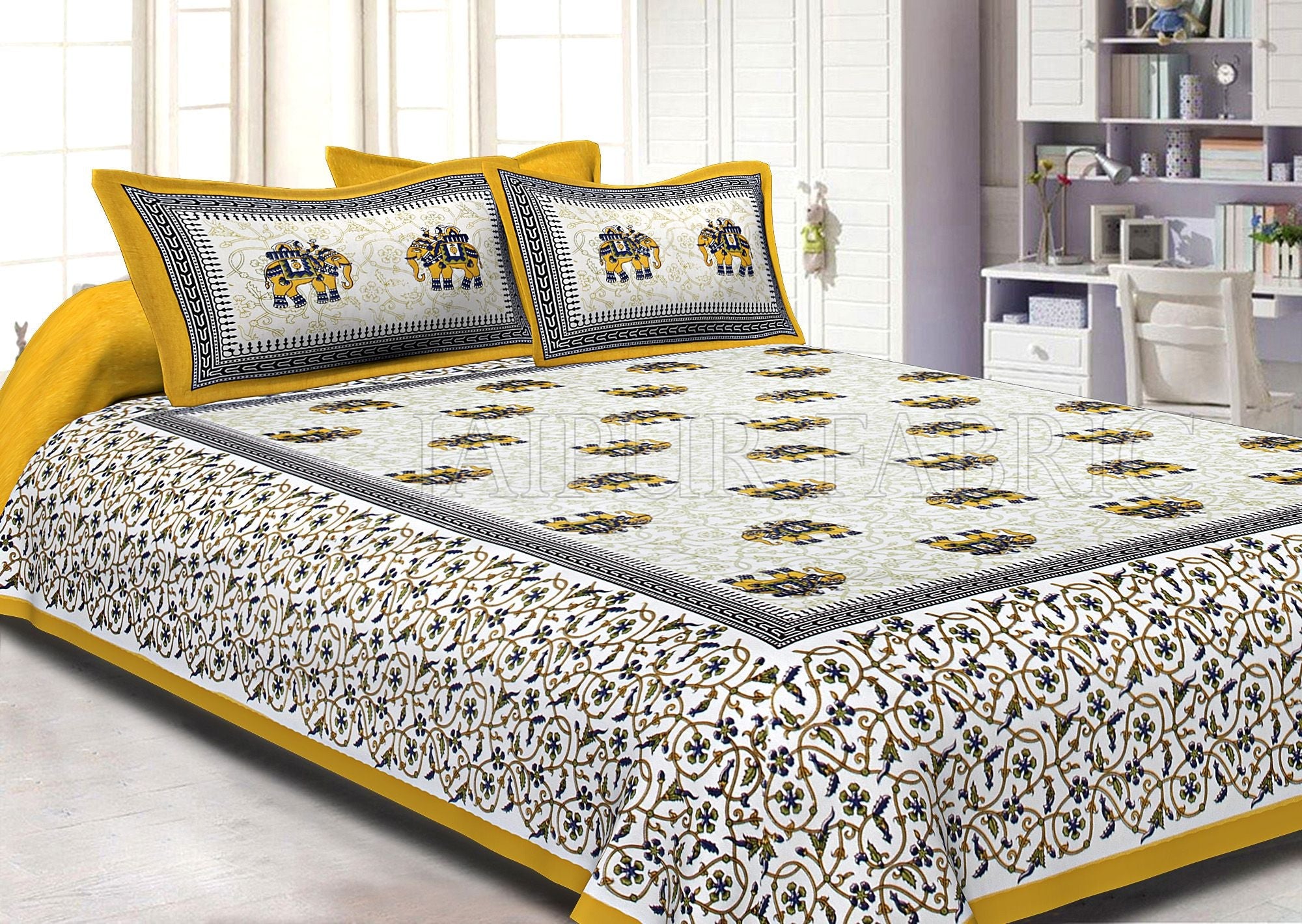JaipurFabric® Yellow Border Jaipuri Elephant Print Cotton Double Bed Sheet
