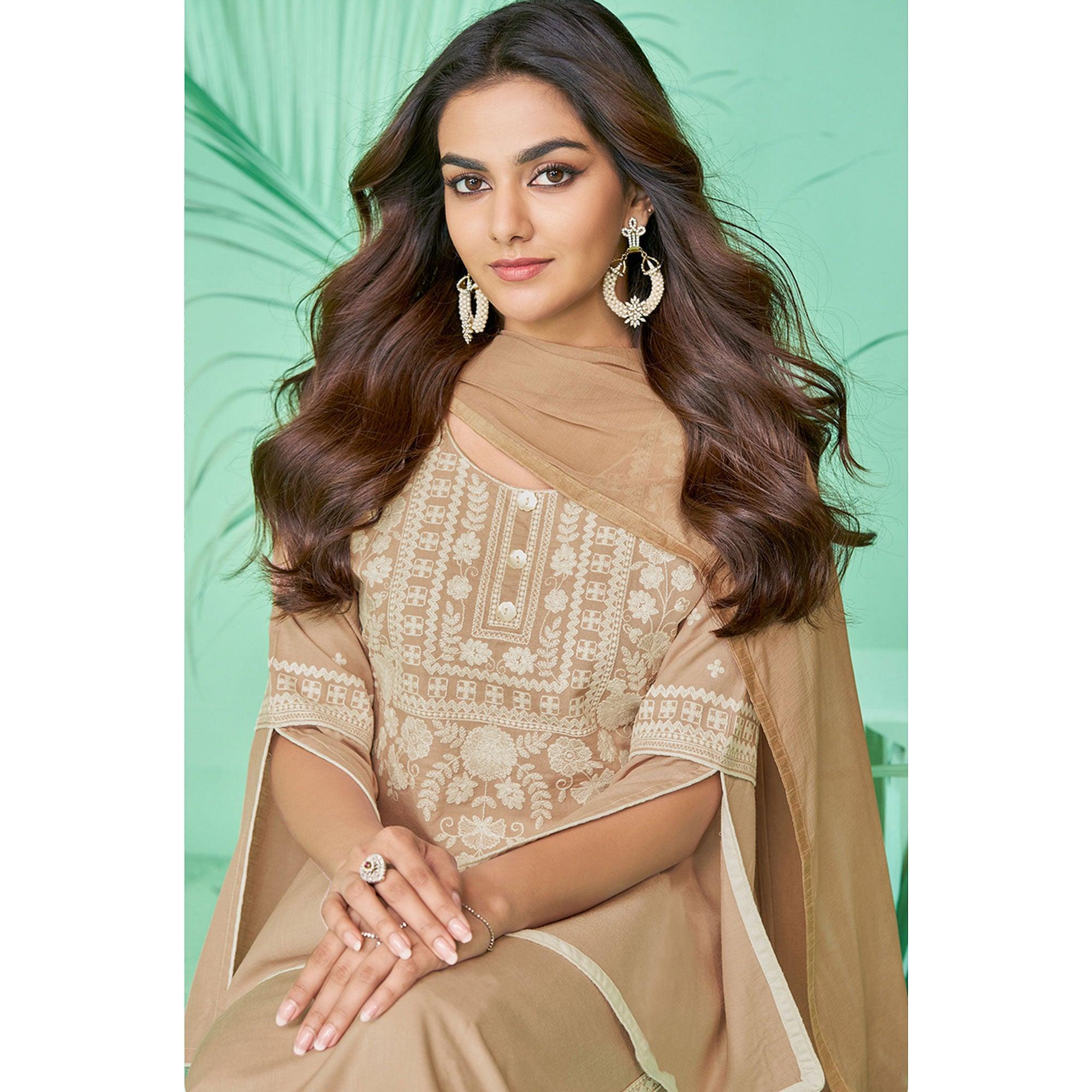 Peachmode Brown Lucknowi Embroidered Rayon Kurti Pant Set With Dupatta - view 2