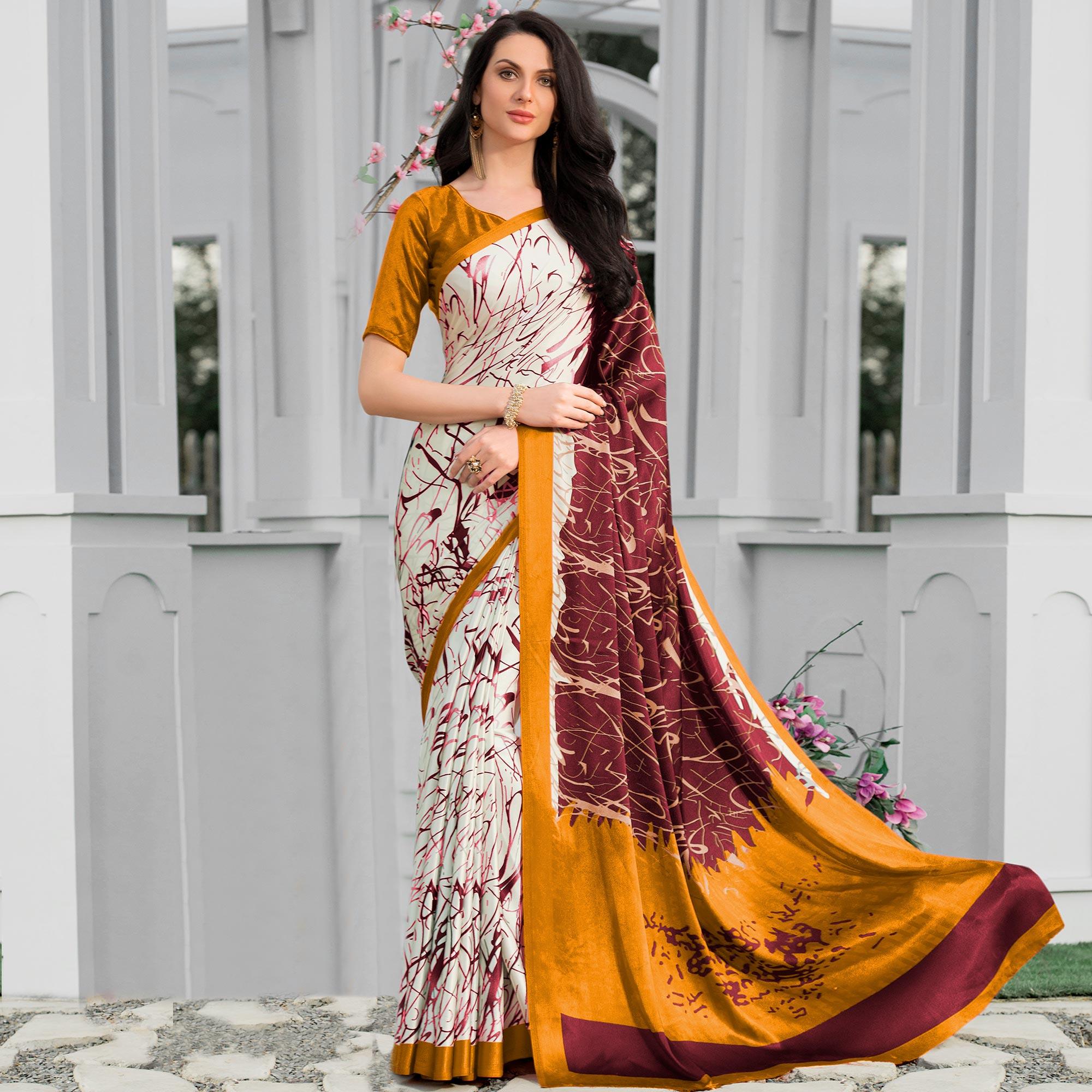 Peachmode Dazzling Multicolor Colored Party Wear Designer Printed Half-Half Satin Saree