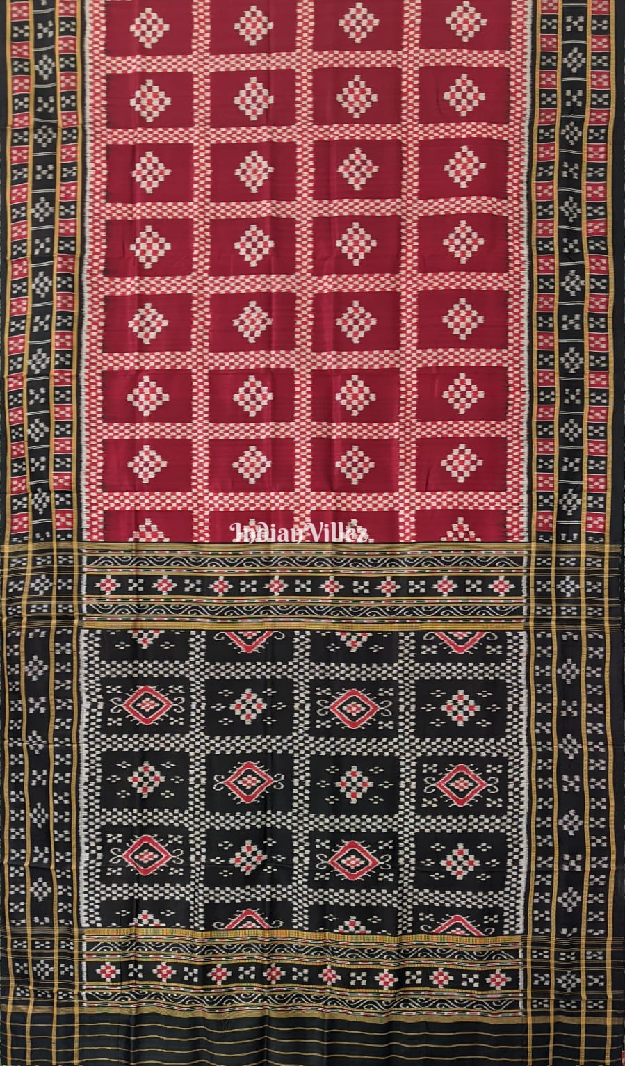 IndianVillèz Maroon Pasapali Odisha Ikat Khandua Silk Saree