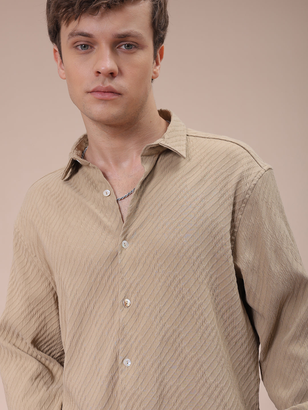 The Indian Garage Co Men's Khaki Slim Fit Textured Shirt