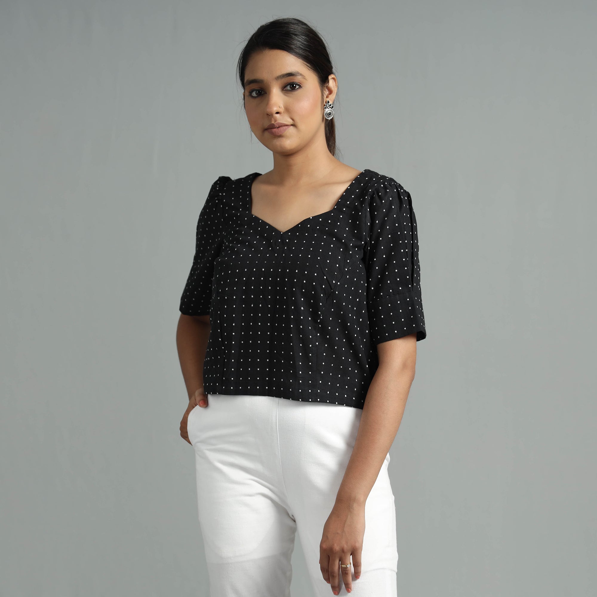ITOKRI CASUALS Black Jacquard Half Sleeve Cotton Crop Top - view 3
