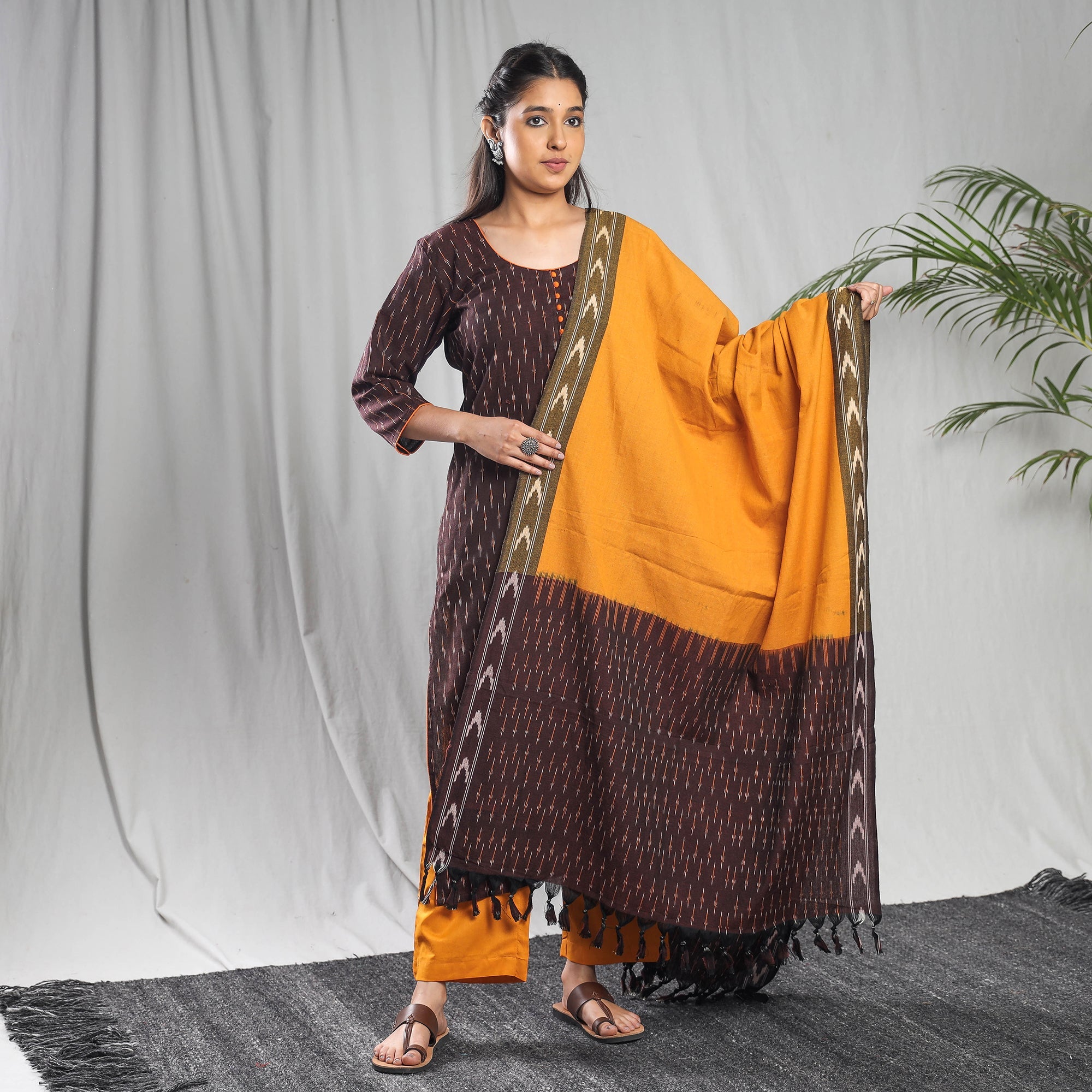 ITOKRI CASUALS Brown - Pochampally Ikat Cotton Kurta with Palazzo & Dupatta Set