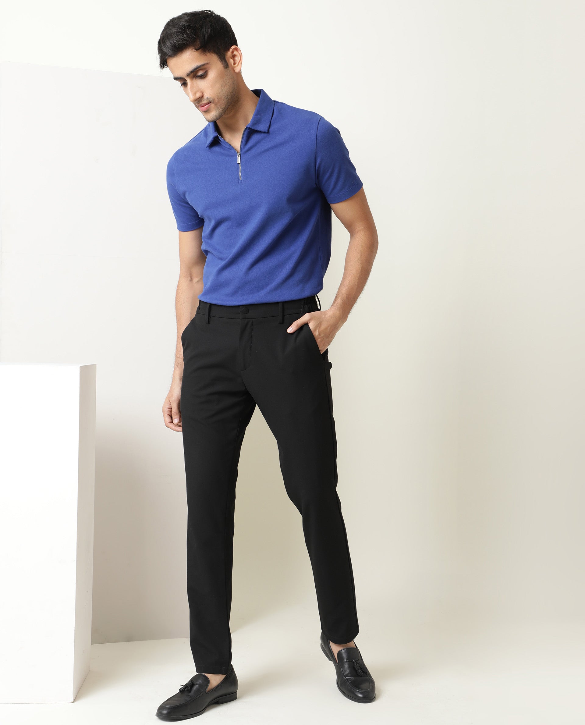 Rare Rabbit Men's Stel Fluorescent Blue Cotton Fabric Collared Neck Zipper Closure Half Sleeves Flat Knit Polo T-Shirt - view 8