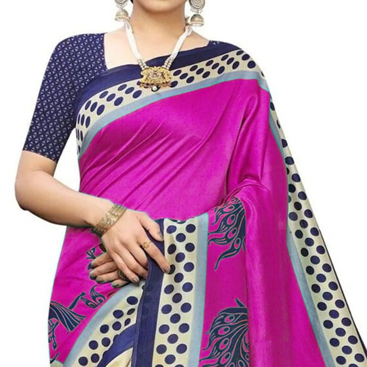 Peachmode Cream Pink Printed Art Silk Half N Half Saree - view 2