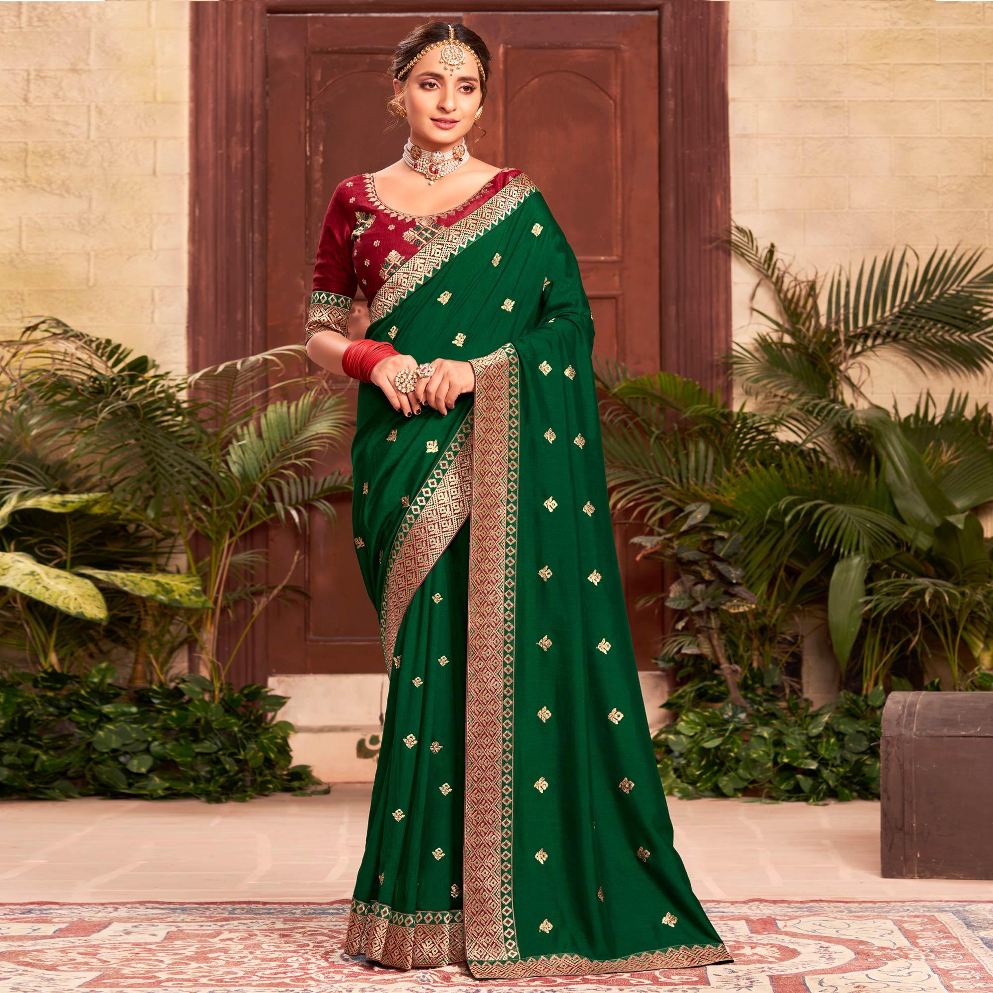 Peachmode Bottle Green Embroidered With Embellished Vichitra Silk Saree - view 2