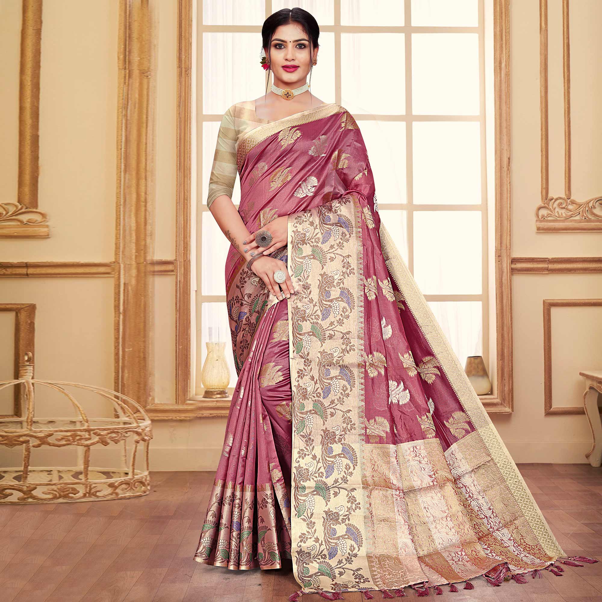 Peachmode Dusty Pink Floral Woven Organza Saree With Tassels