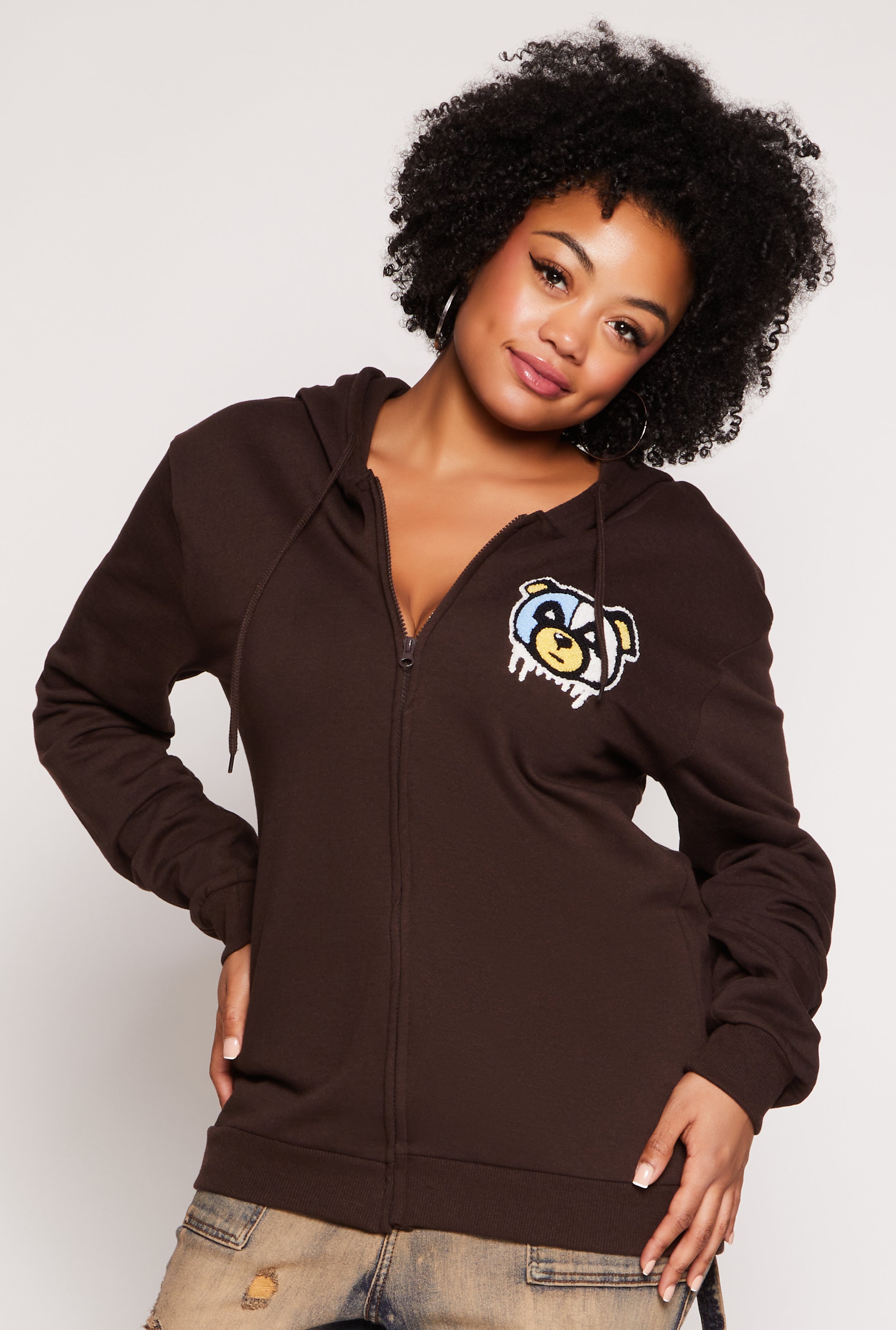 Rainbow Shops Plus Size Bear Chenille Graphic Zip Front Hoodie