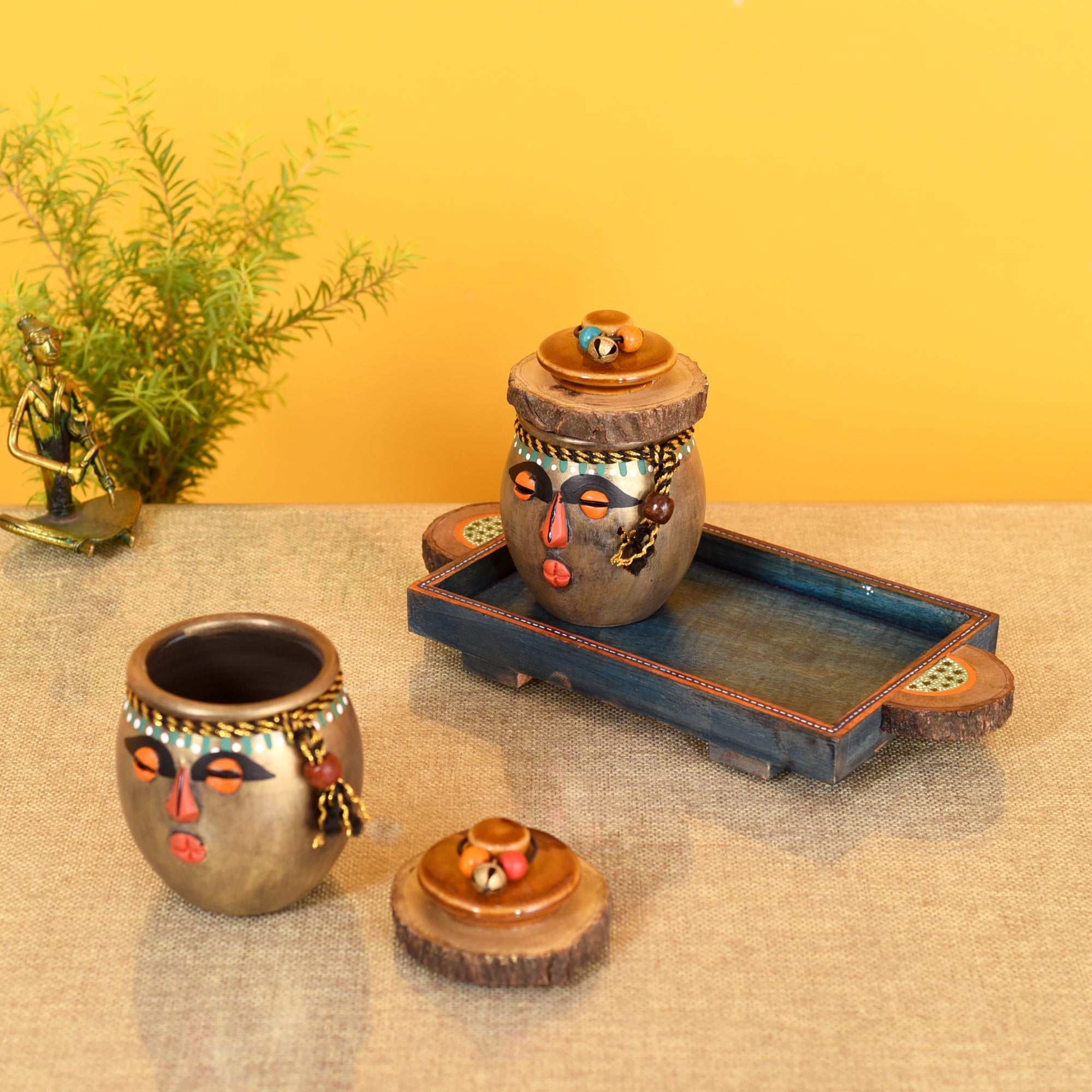 ART CREATIONS BY SUMAN SONTHALIA Brown - Happy Tribals Storage Jars and Handcrafted Tray (Set of 3)