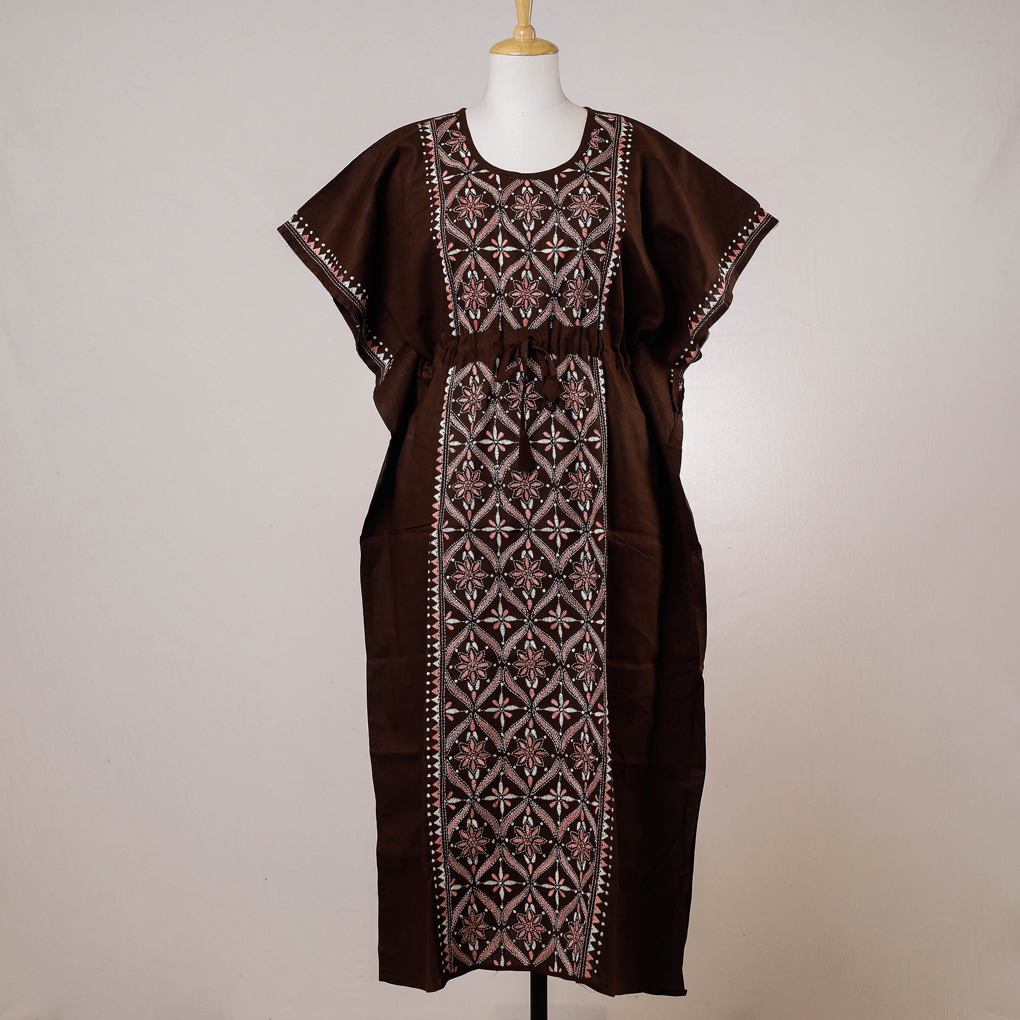 ASALKAAR Brown - Bengal Kantha Embroidery Cotton Kaftan with Tie-Up Waist (Long)
