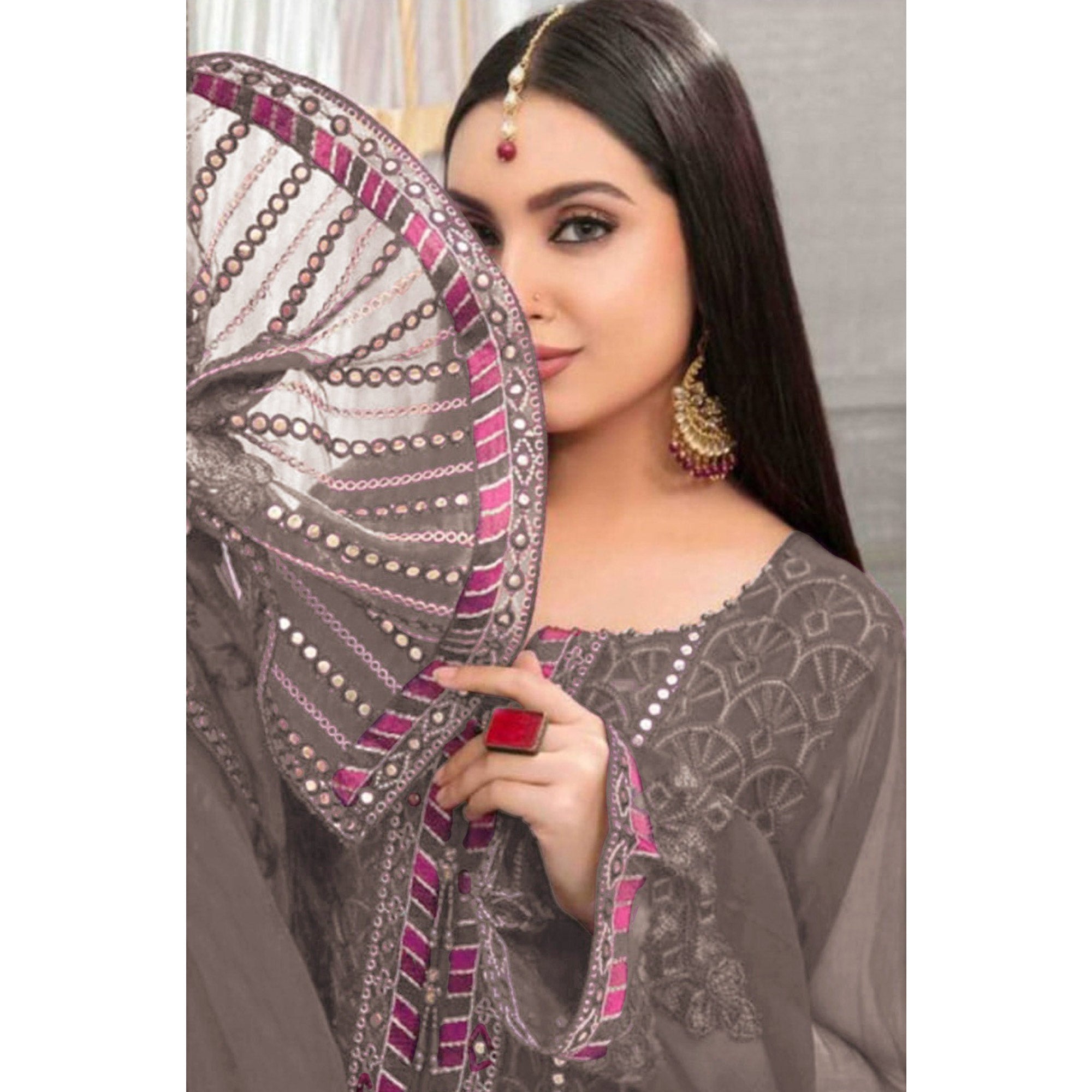 Peachmode Brown Embroidered Georgette Semi Stitched Pakistani Suit - view 3