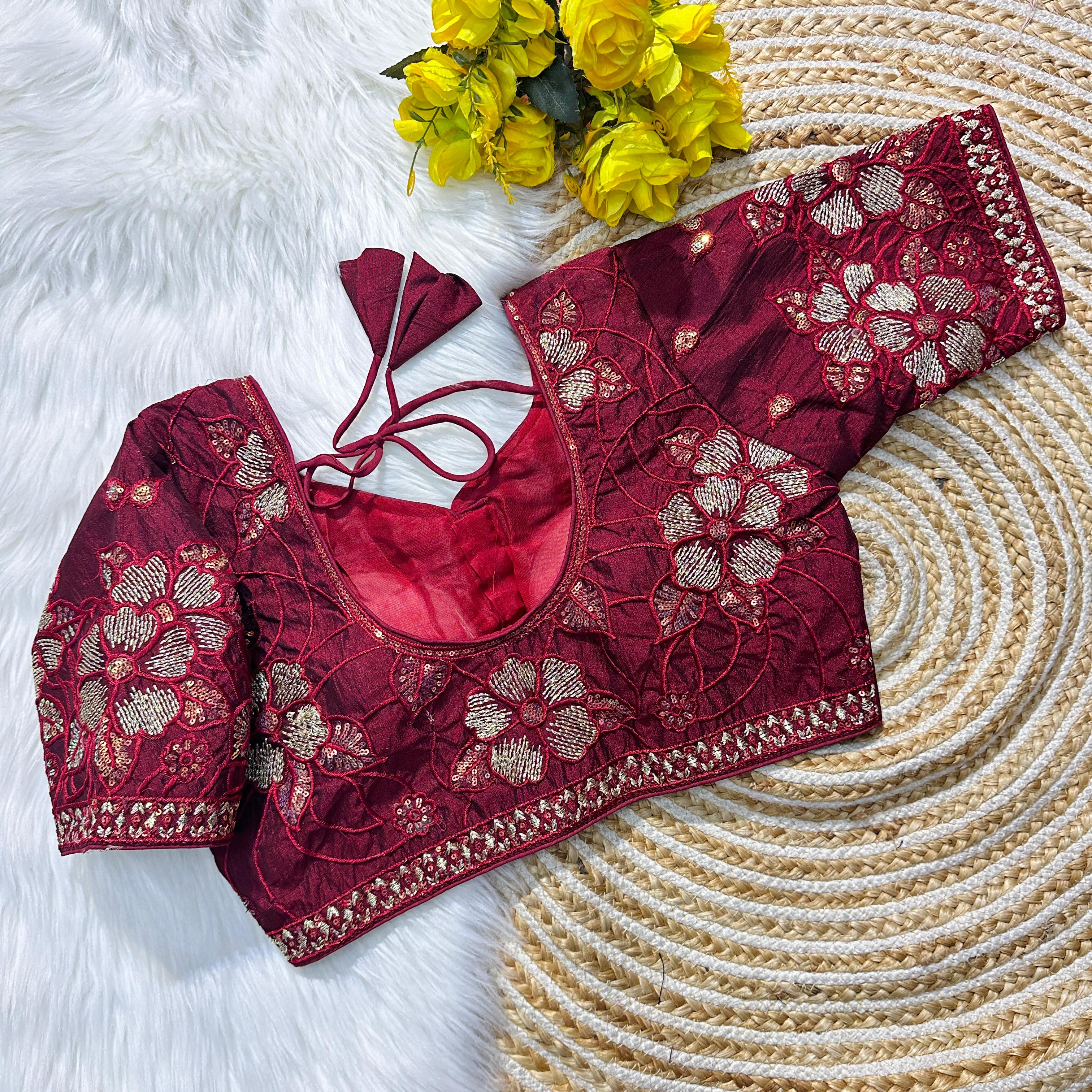 ClothsVilla Wine Soft Silk Blouse with Beautiful Embroidery and Sequence Accents