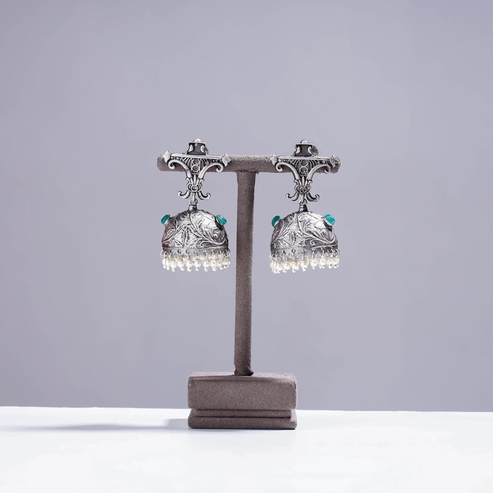 WHITE RIVER STORIES Antique Silver Finish Oxidised Brass Base Jhumki Earrings