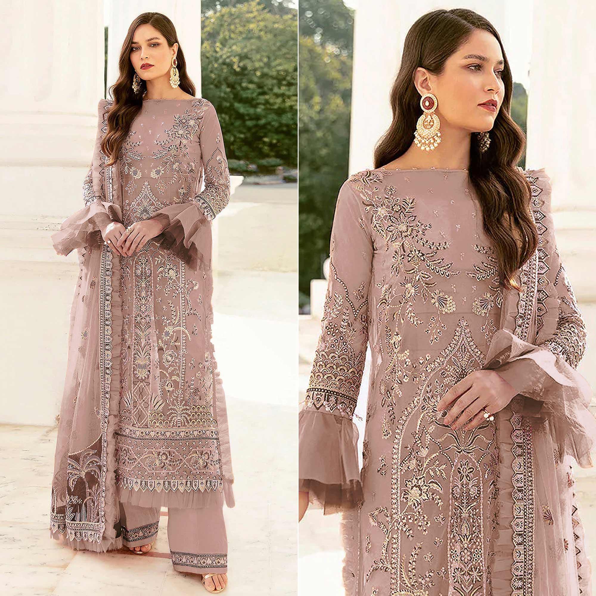 Peachmode Brown Embroidered Netted Pakistani Suit