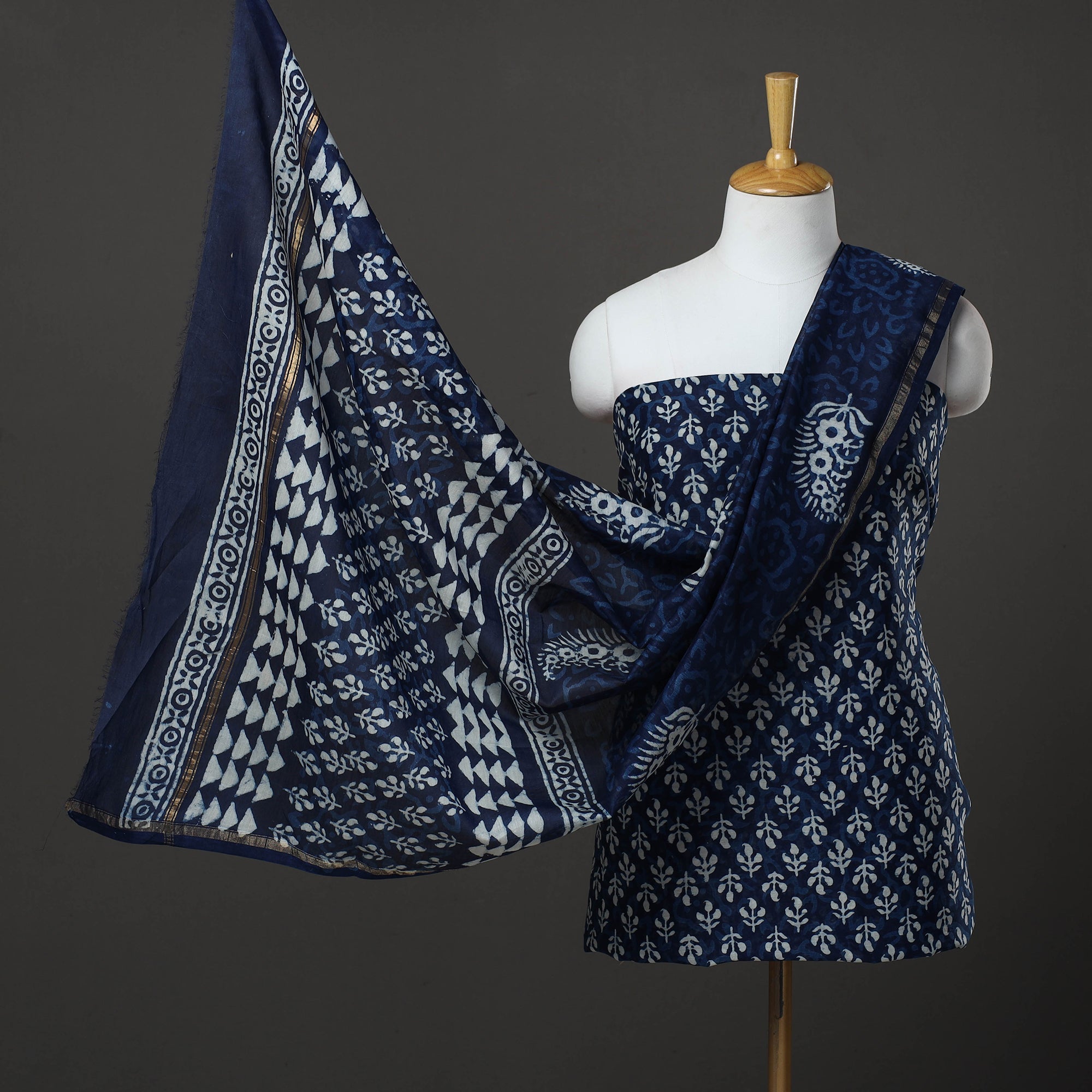 HAVELI CHRONICLES Blue - 3pc Chanderi Silk Bagru Print Dress Material 03