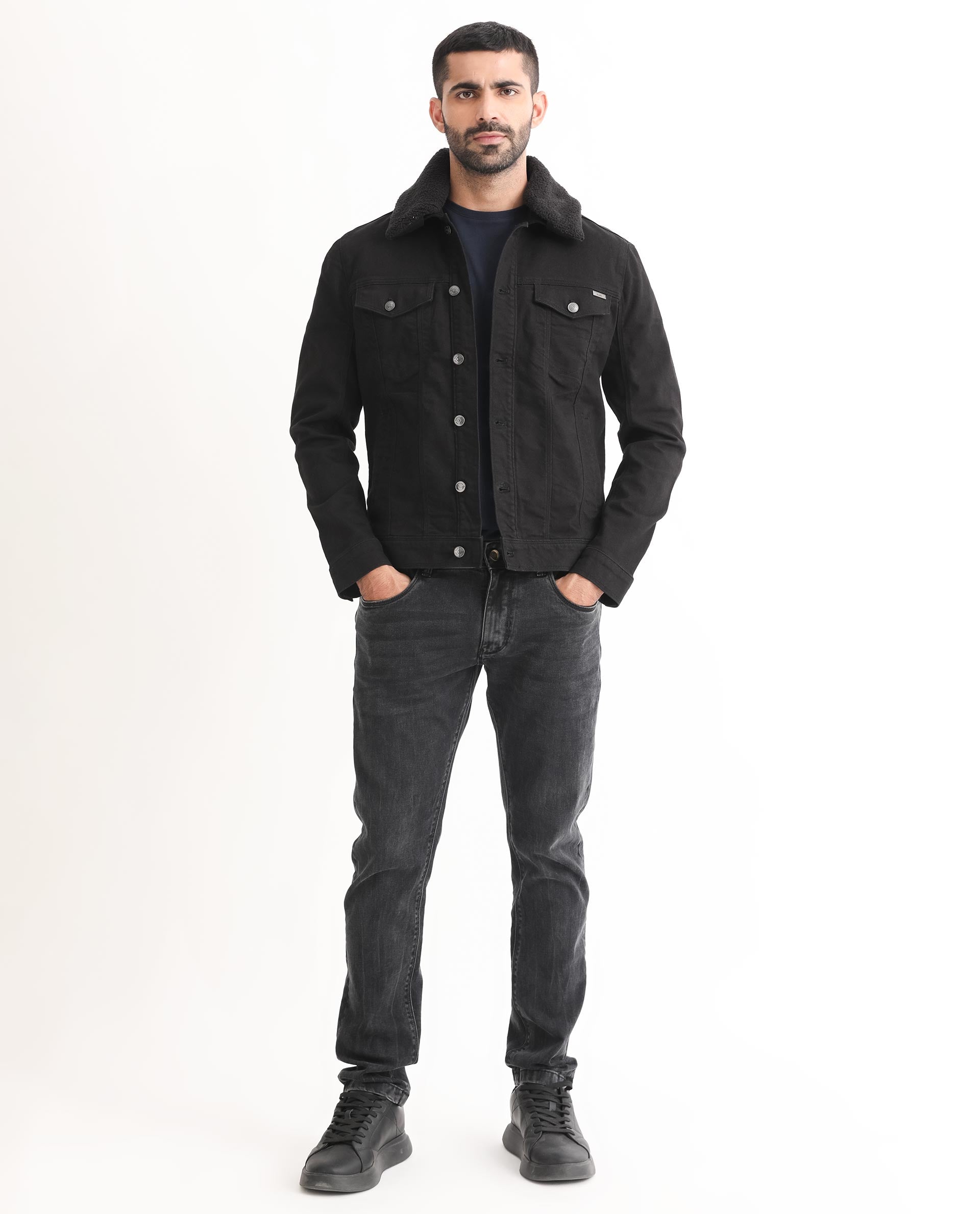 Rare Rabbit Men's Rubik Black Fleece Collar Rinse Wash Denim Trucker - view 3