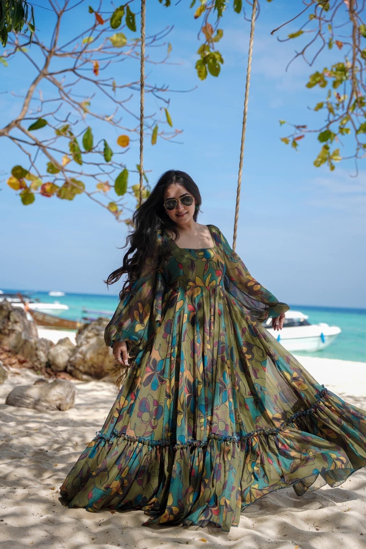 Idaho-o Olive georgette floral maxi