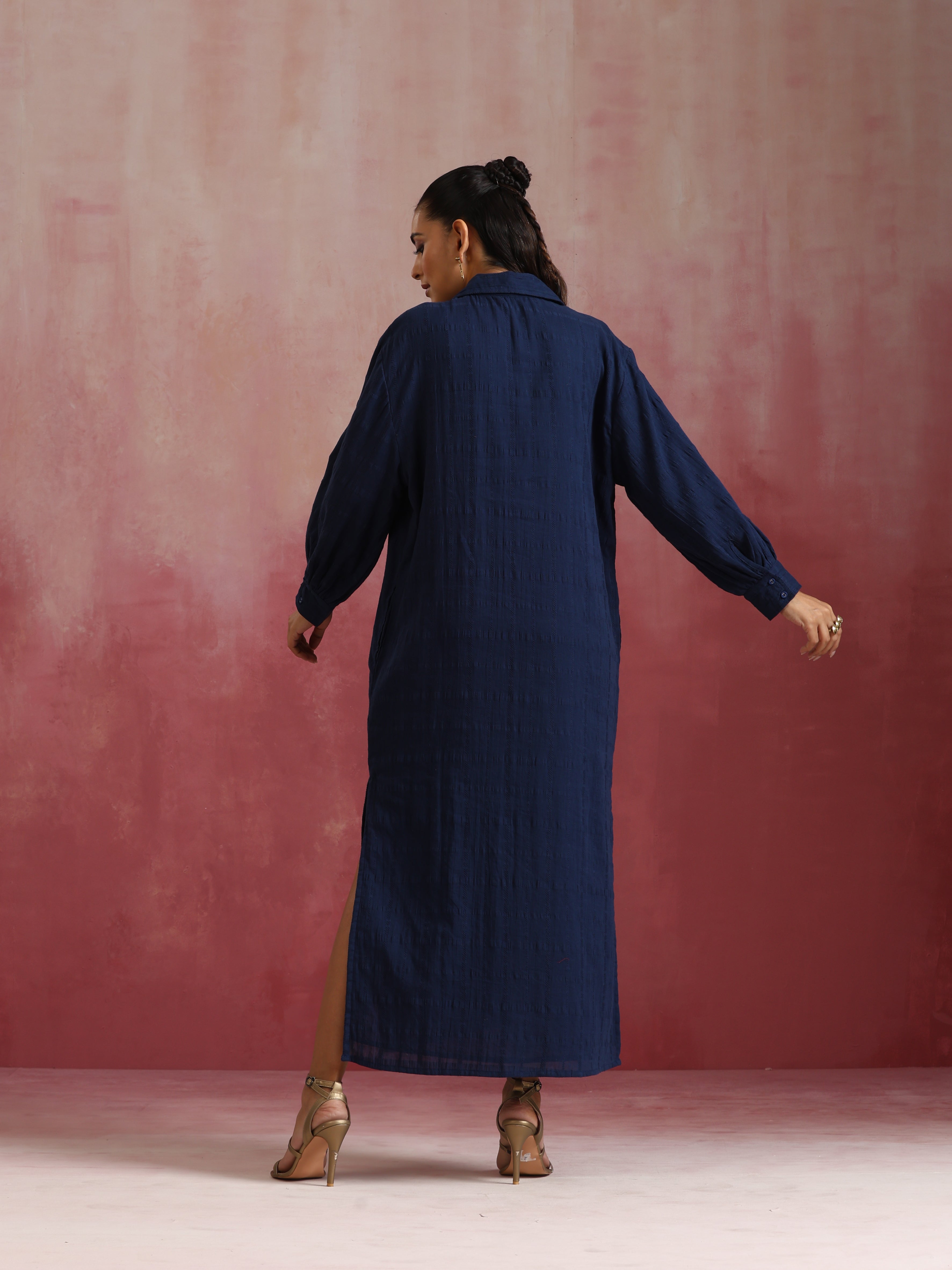 trueBrowns Dark Blue Cotton Dobby Dress - view 6