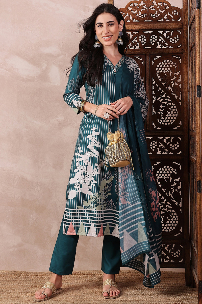 Ahika Teal Blue Rayon Blend Abstract Printed Straight Trouser Bottom Suit Set PKSKD2547TIL - view 2