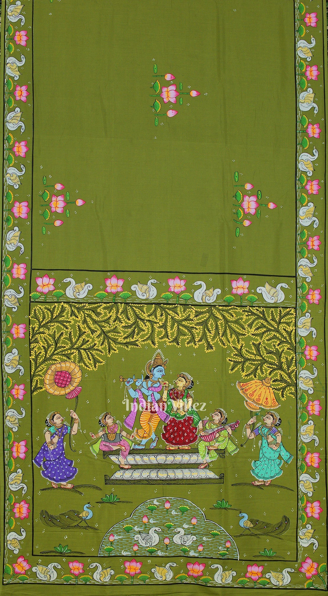 IndianVillèz Mehndi Green Krishna Rasa Leela & Lotus Theme Pattachitra Saree