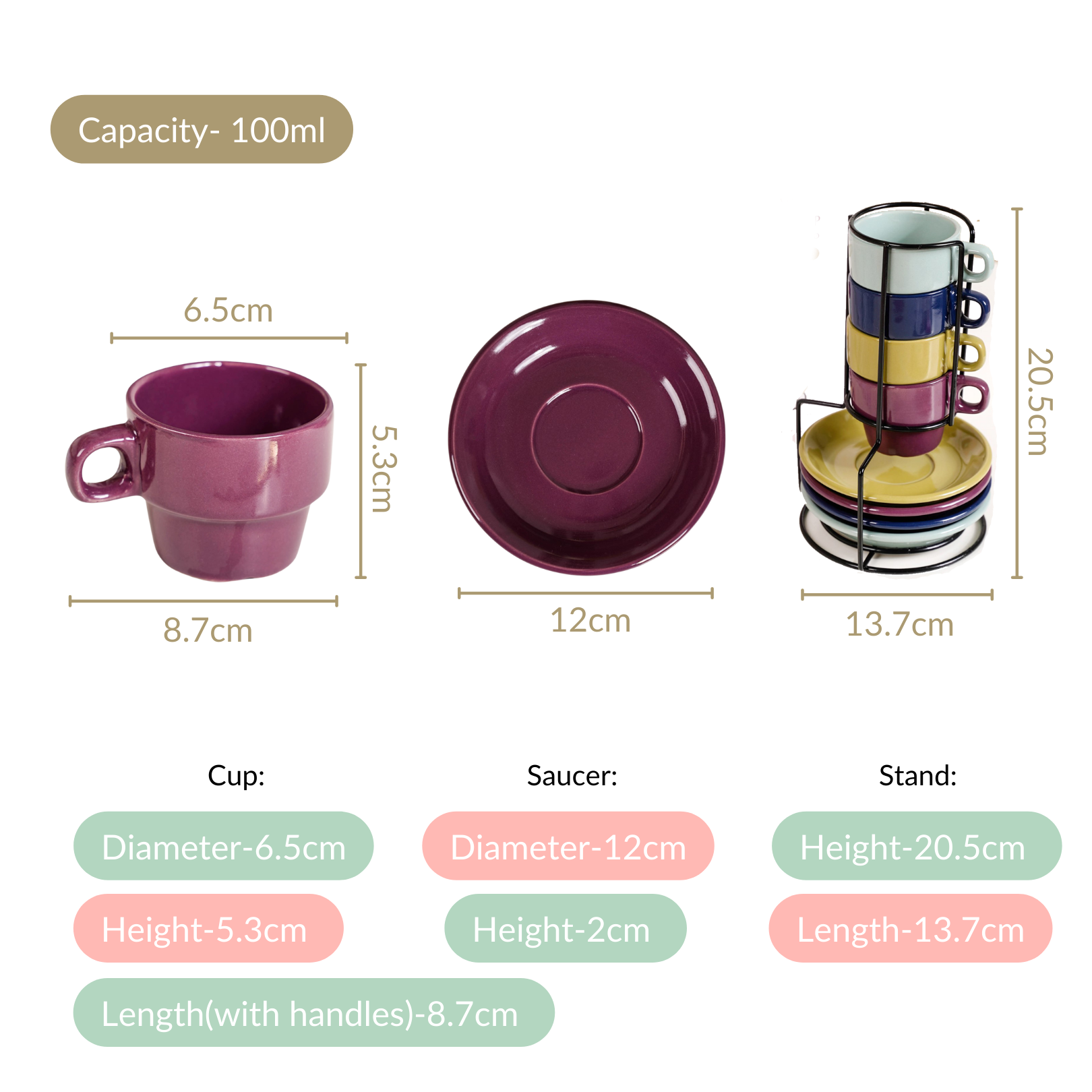 Nestasia Mini Stackable Tea Cup And Saucer Set Of 4 Multicolour 100ml - view 4