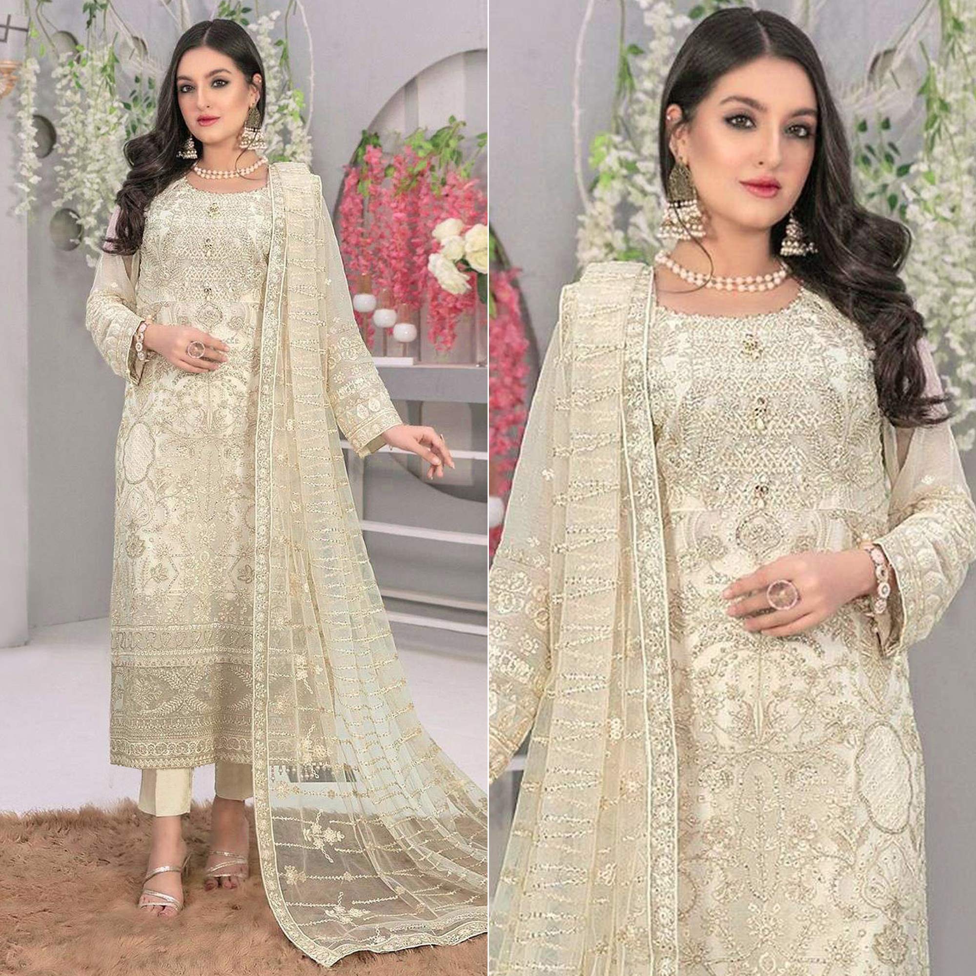 Peachmode Cream Embroidered Georgette Semi Stitched Pakistani Suit