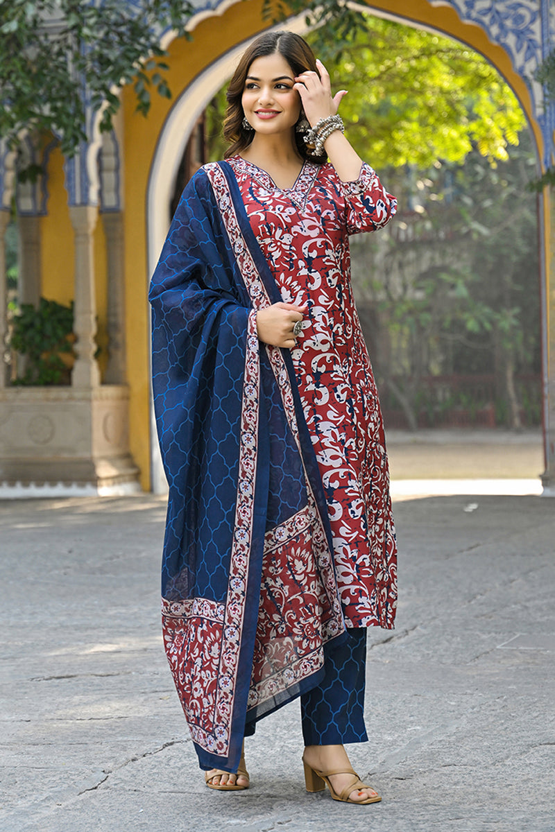 Ahika Maroon Rayon Blend Ethnic Motifs Printed Straight Suit Set VKSKD2285