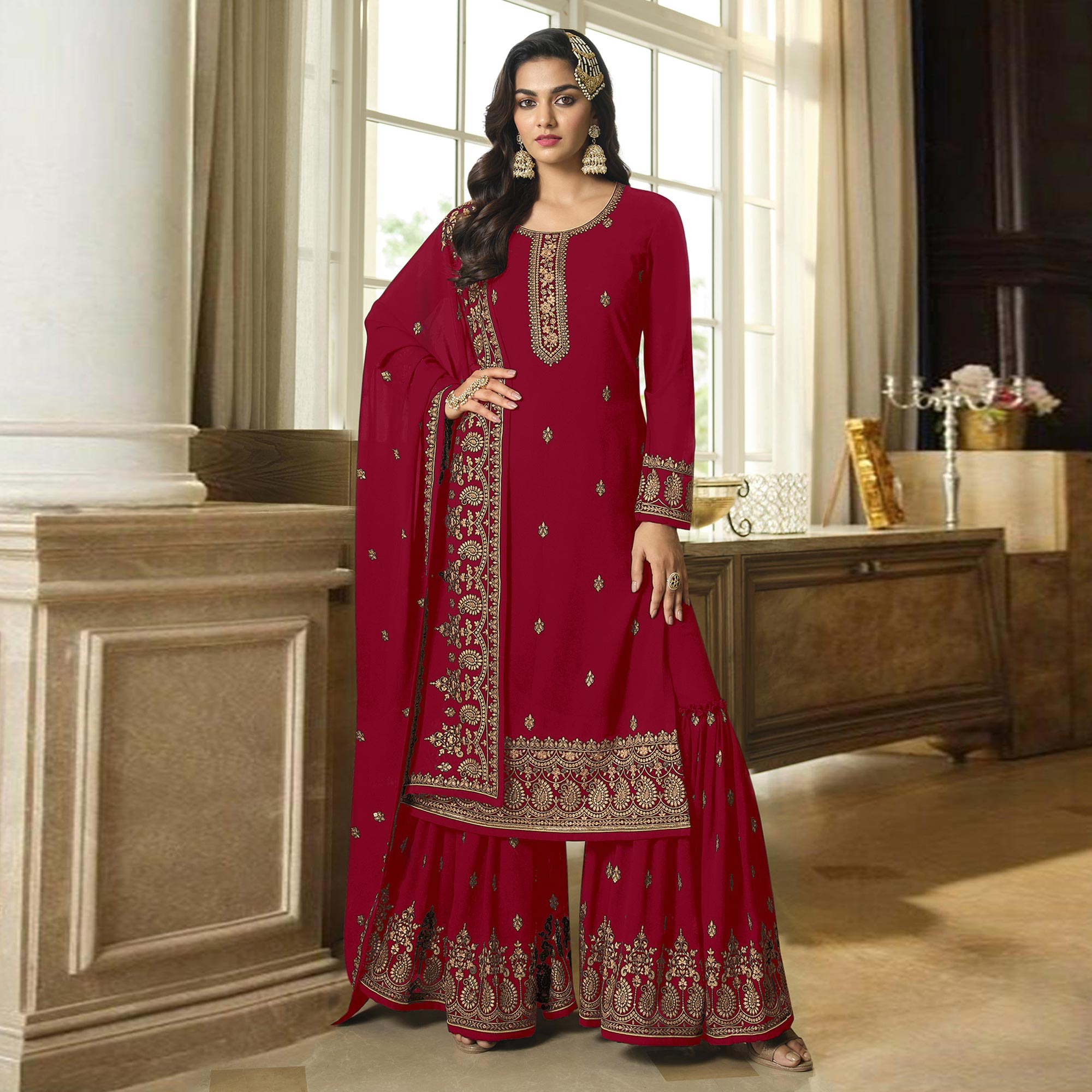Peachmode Maroon Floral Embroidered Georgette Sharara Suit - view 2