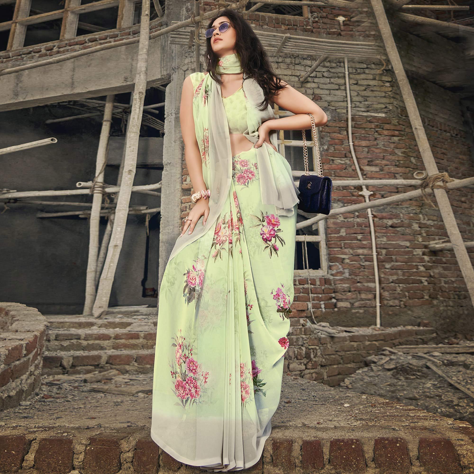 Peachmode Light Green Casual Wear Floral Printed Georgette Saree