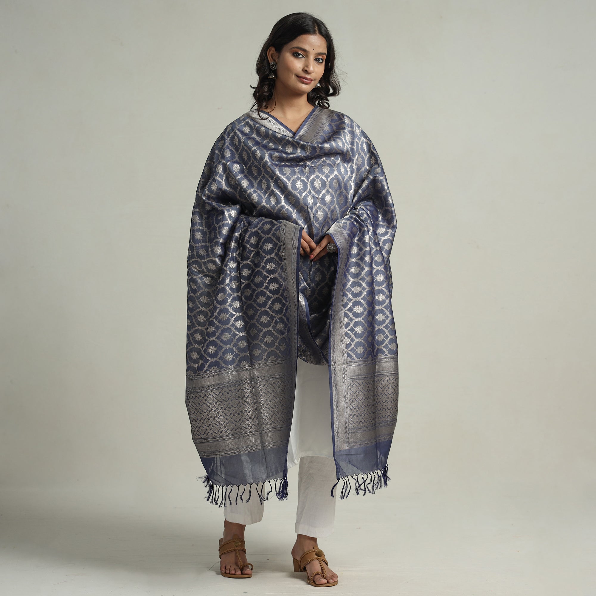 BANARASI BY MAQBUL HASAN Blue - Banarasi Handloom Katan Silk Zari Buti Dupatta with Tassels 59 - view 2