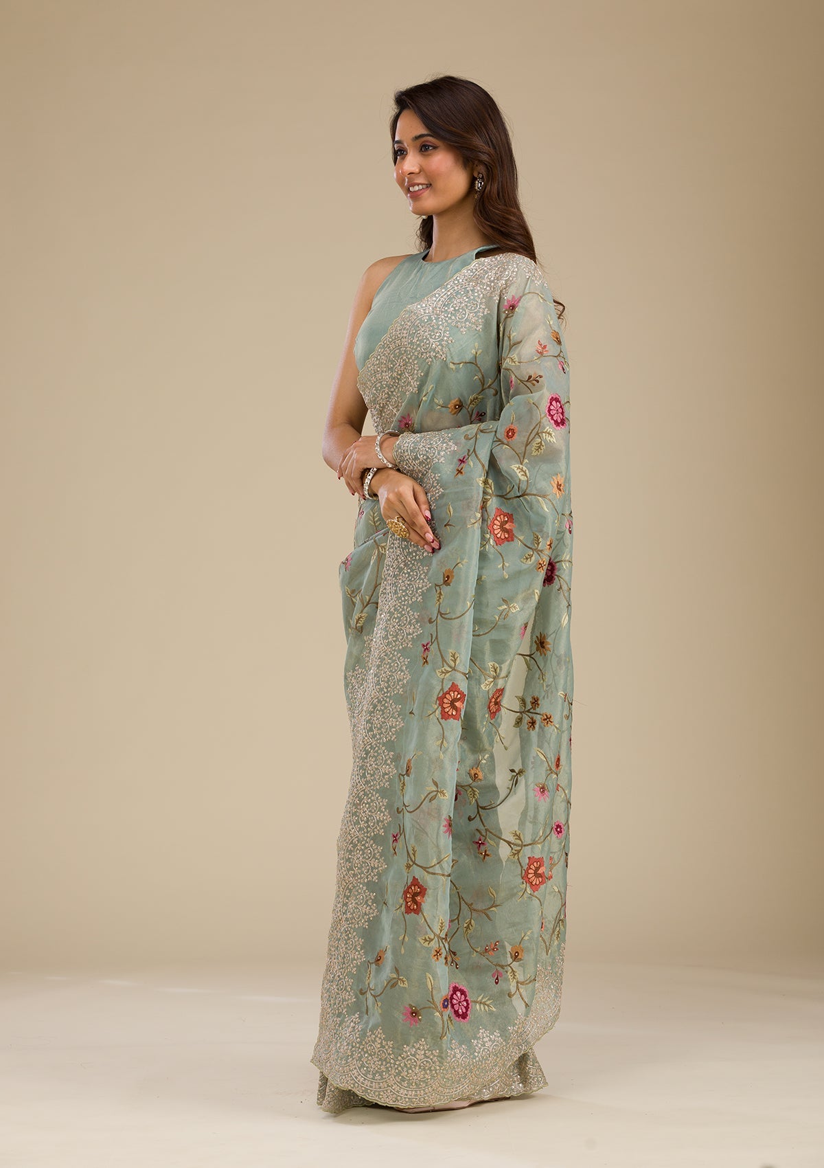 Koskii Sky Blue Zariwork Tissue Saree – Women's - view 4