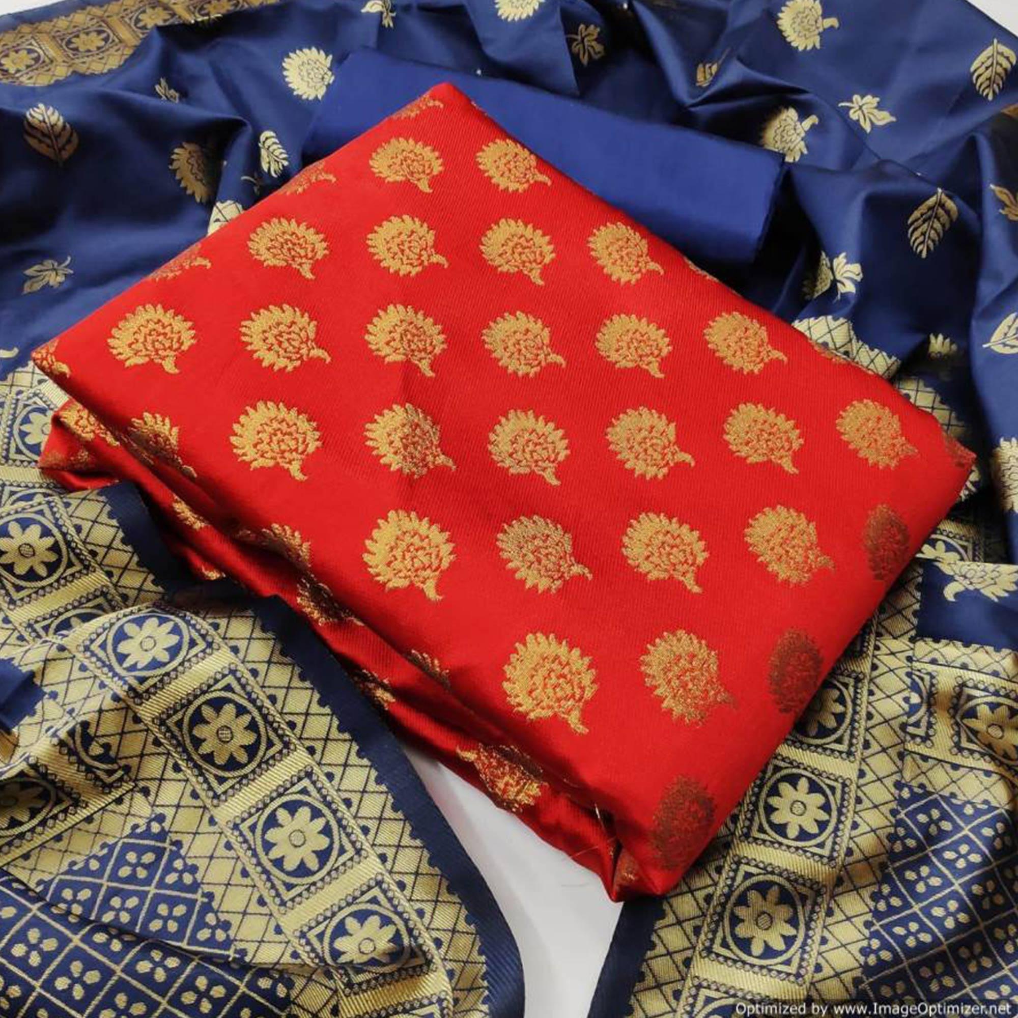 Peachmode Energetic Red Colored Casual Wear Banarasi Silk Dress Material
