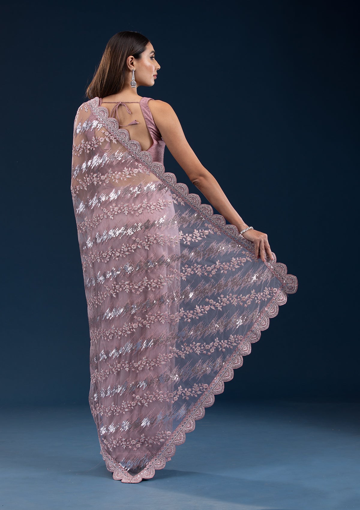 Koskii Onion Pink Sequins Net Saree – Women's - view 2