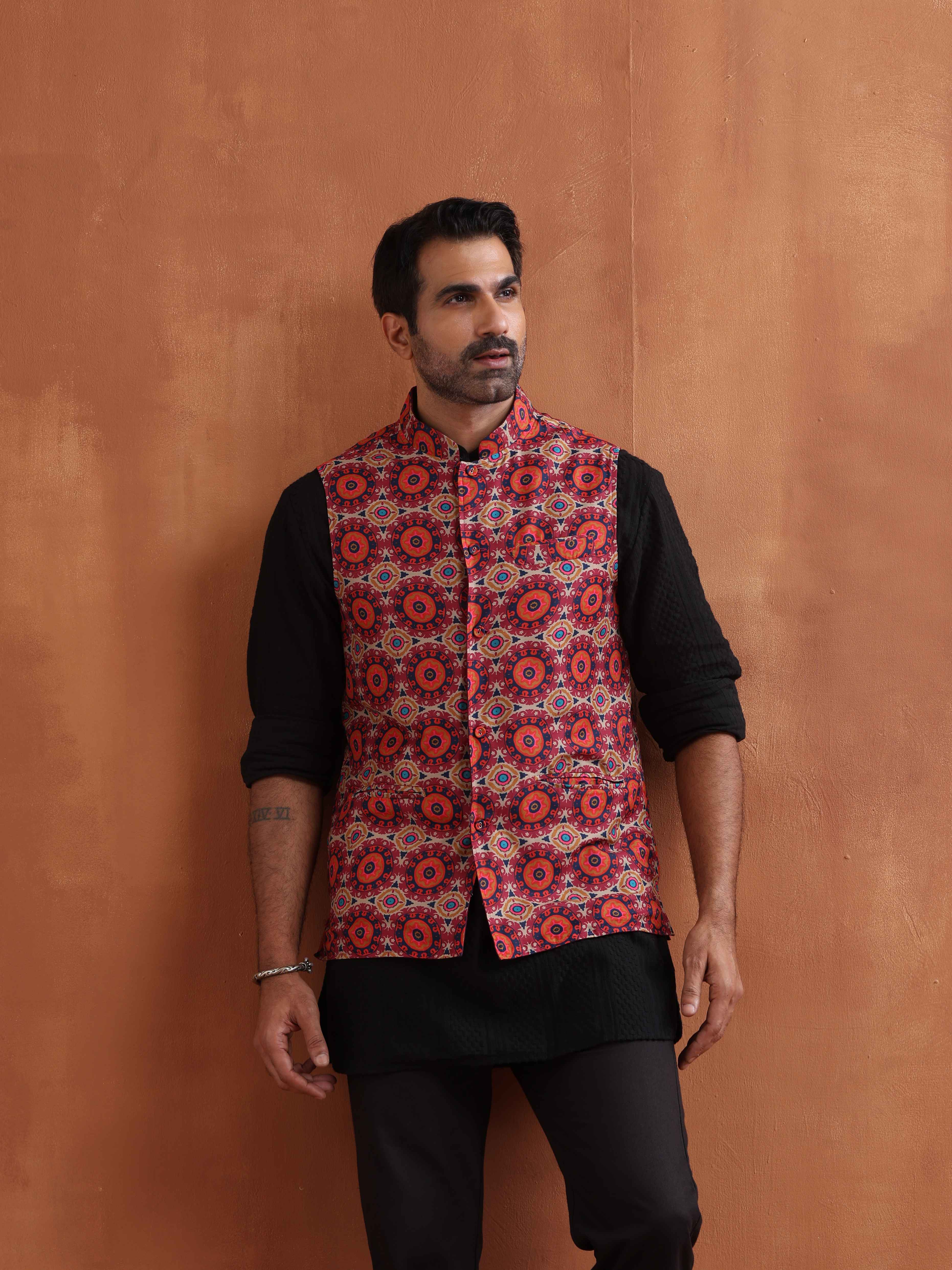 trueBrowns Men's Beige Printed Nehru Jacket - view 4