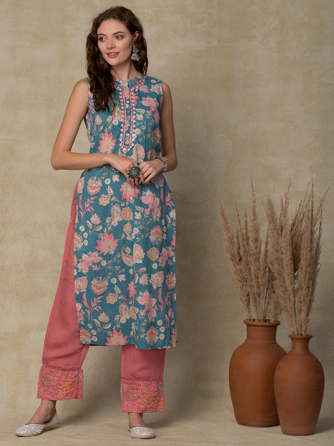 Fashor Ethnic Floral Printed & Embroidered Straight Fit Kurta - Sea Green - view 3