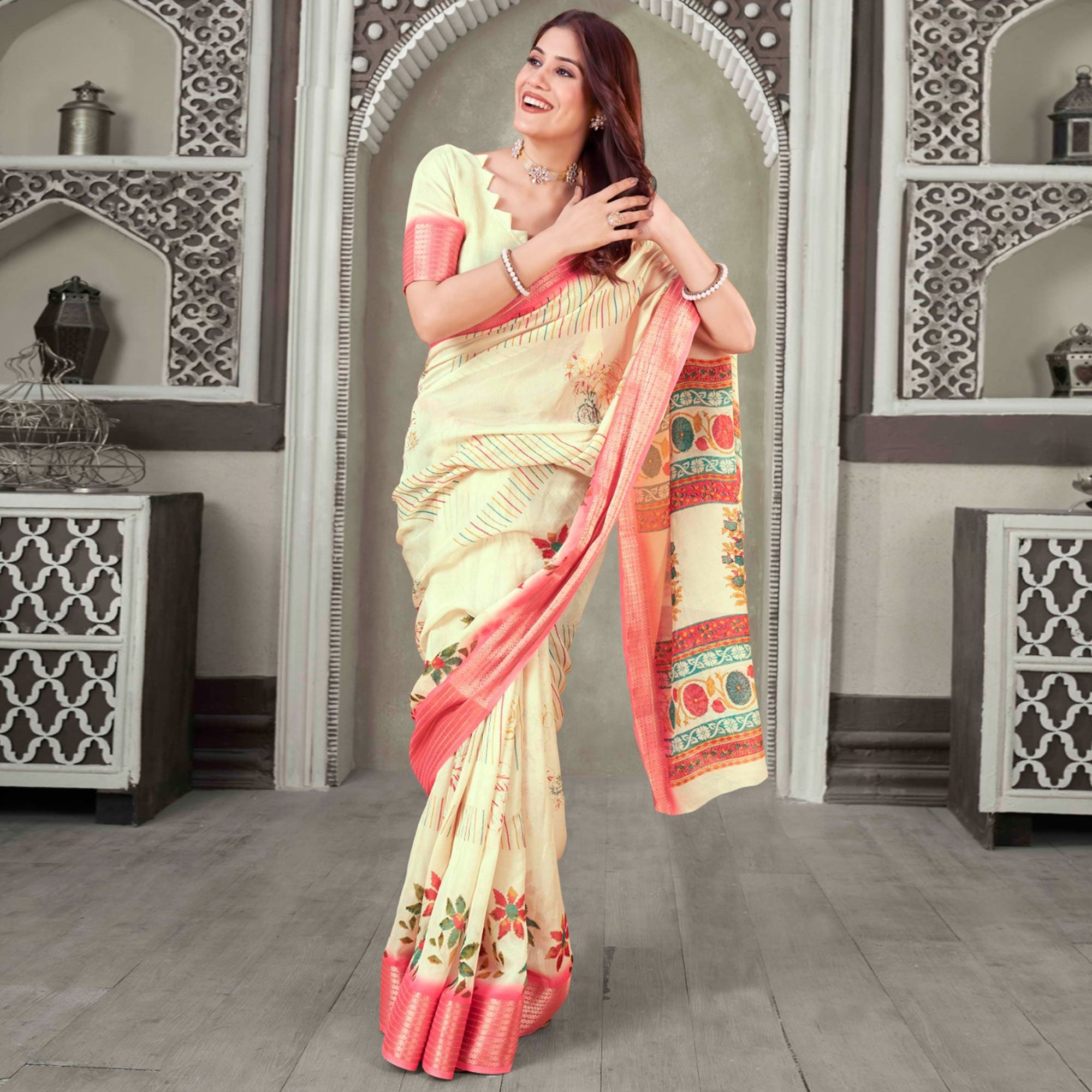 Peachmode Cream Floral Printed Cotton Blend Saree With Jacquard Border