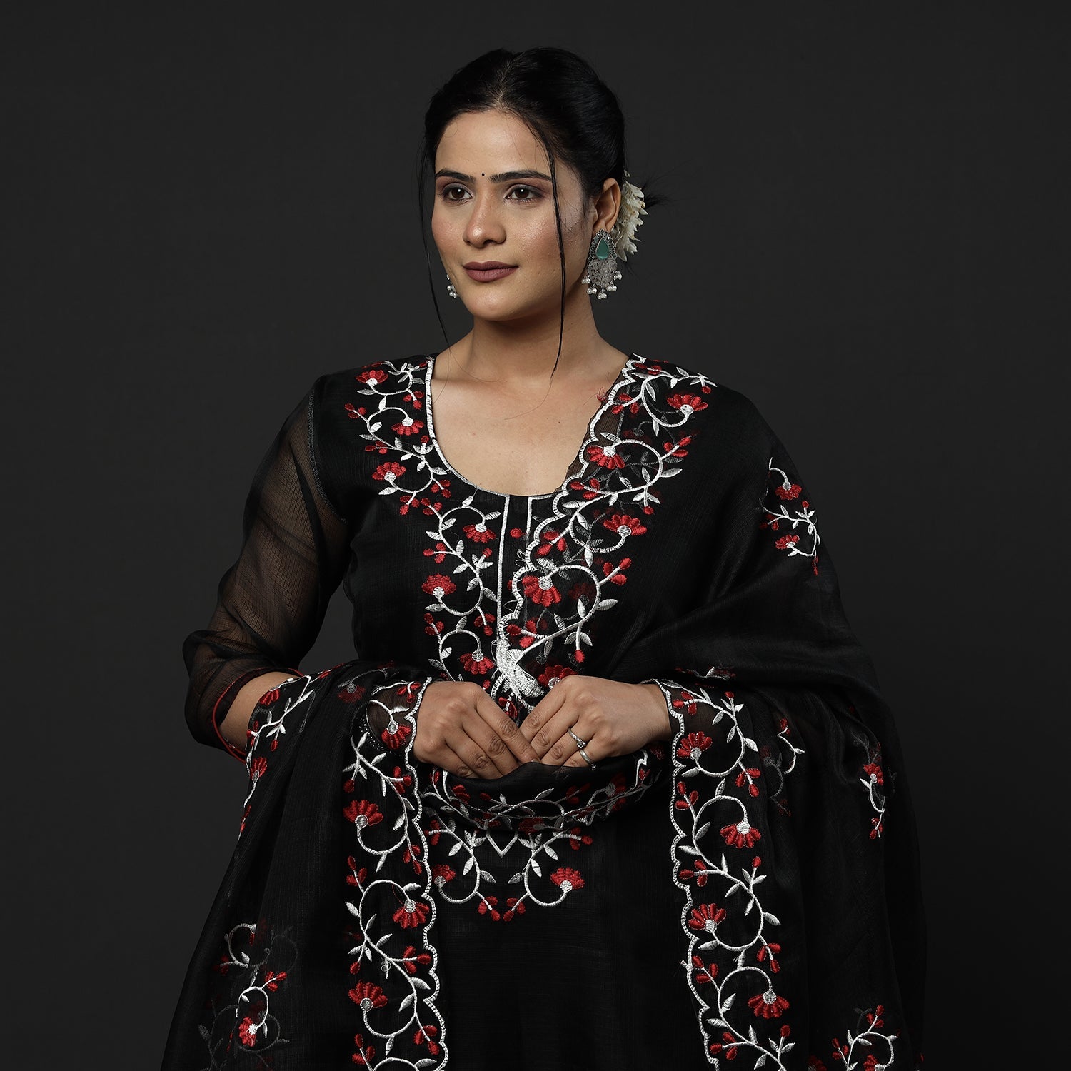 ITOKRI CASUALS Black Kota Doria Embroidery Silk Kurta with Palazzo & Dupatta Set - view 2