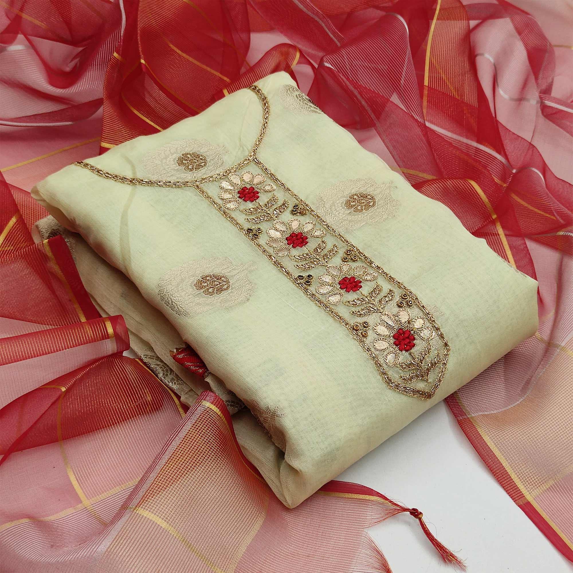 Peachmode Light Green Casual Wear Floral Embroidery Modal Chanderi Jacquard Dress Material