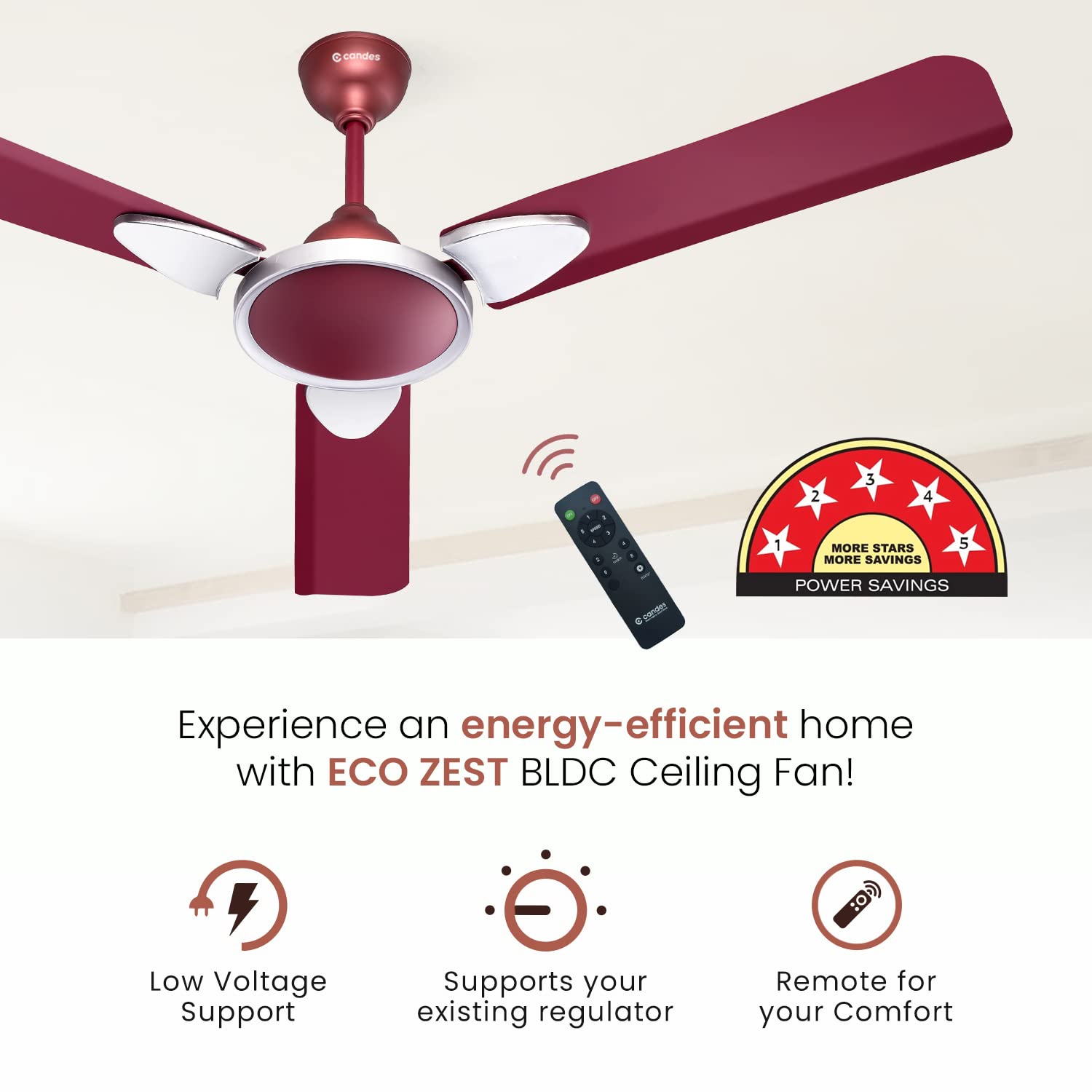Candes Eco Zest Energy saving Designer 1200 mm / 48 inch Anti-Rust BLDC Ceiling Fan With Remote (2 Years Warranty) (Maroon) - view 5