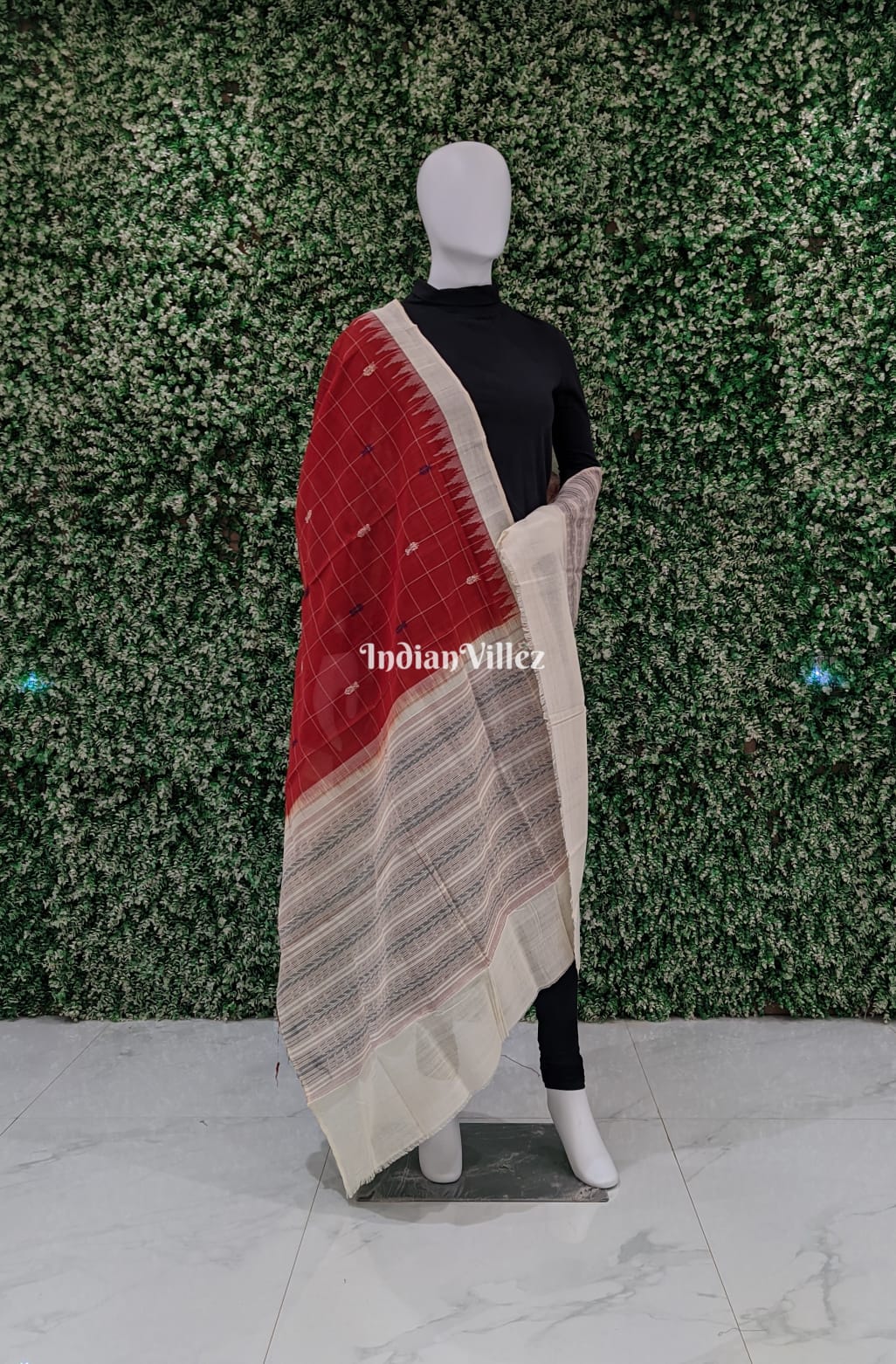 IndianVillèz Rust Orange Fish Motif Bomai Sambalpuri Cotton Dupatta