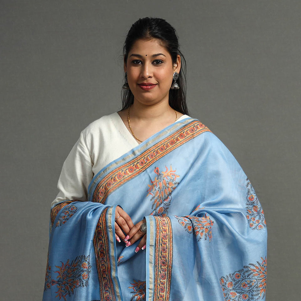 BAGRU DABU PRINTS Blue - Block Printed Chanderi Silk Sanganeri Dupatta 64 - view 3